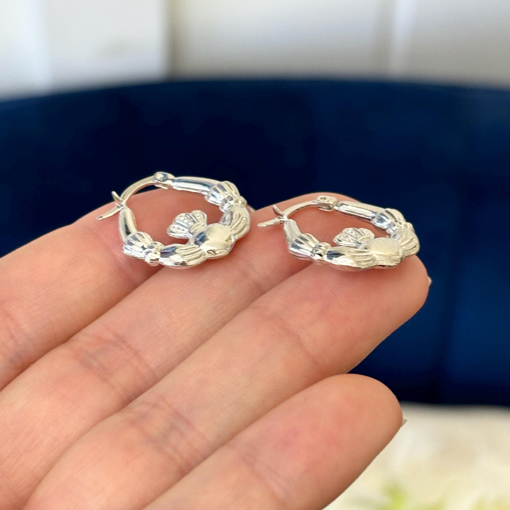 Sterling Silver Claddagh Irish Hands, Heart and Crown Hoop Earrings