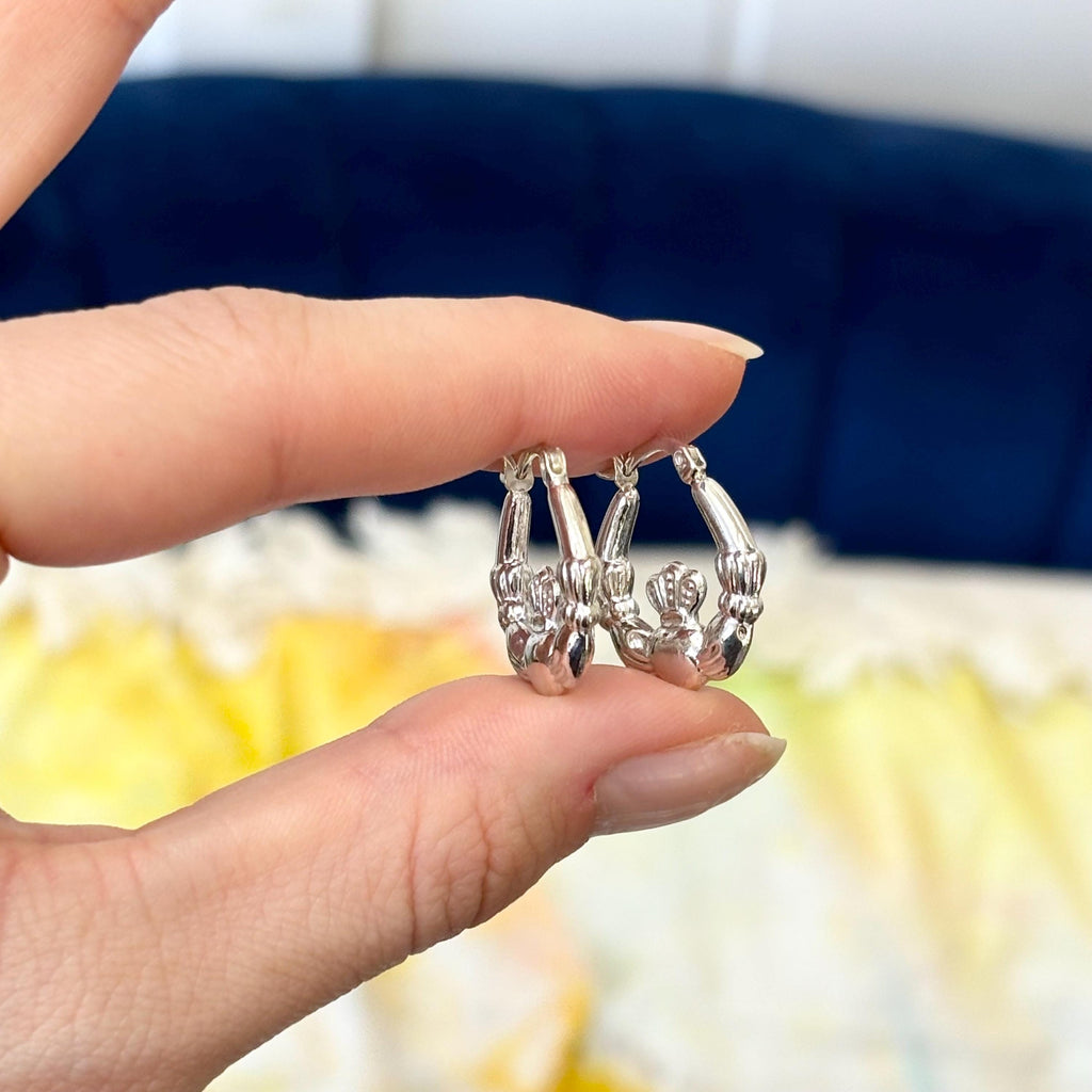 Sterling Silver Claddagh Irish Hands, Heart and Crown Hoop Earrings