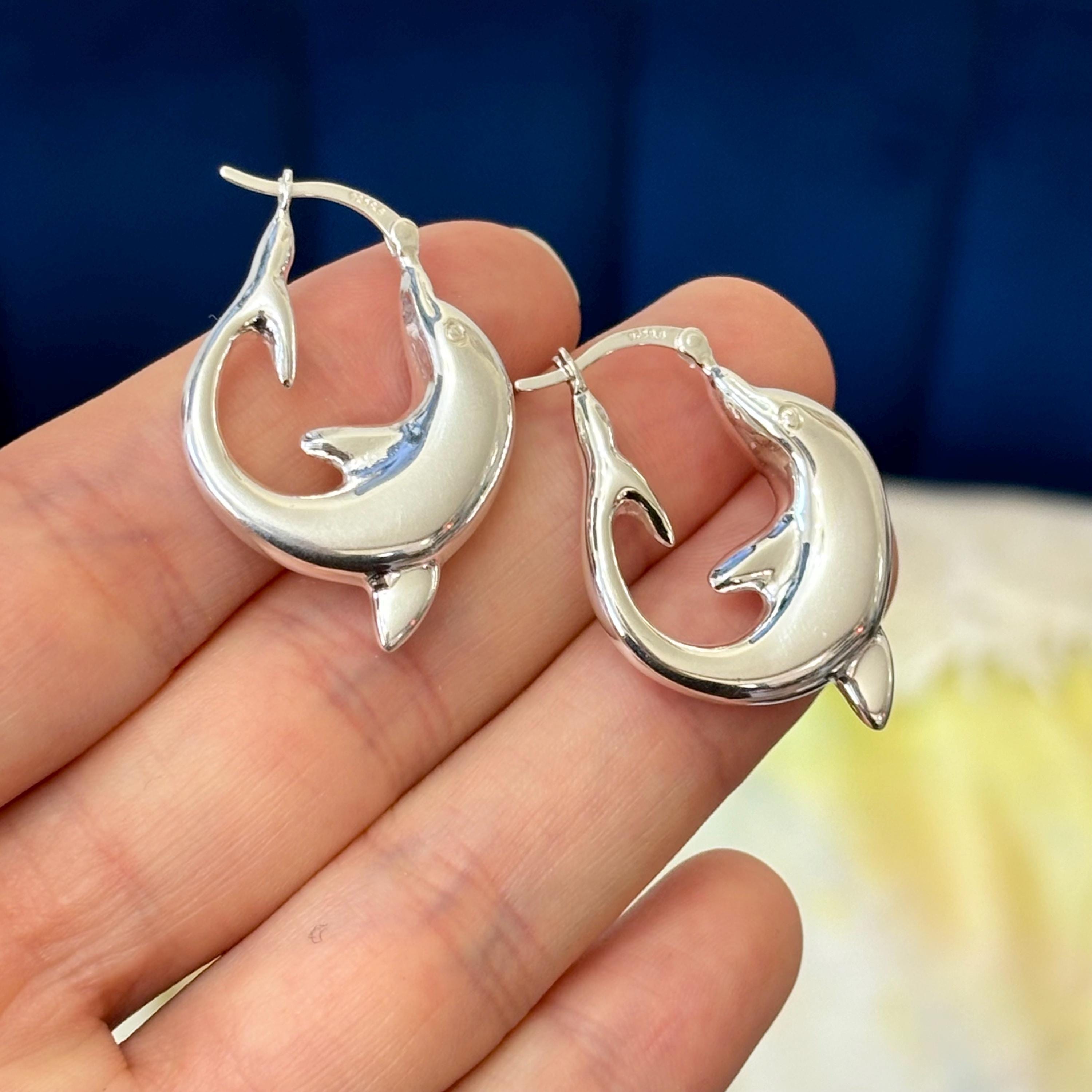 Sterling Silver Polished Playful Dolphin Round Hoop Earrings