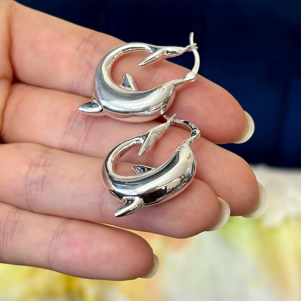 Sterling Silver Polished Playful Dolphin Round Hoop Earrings