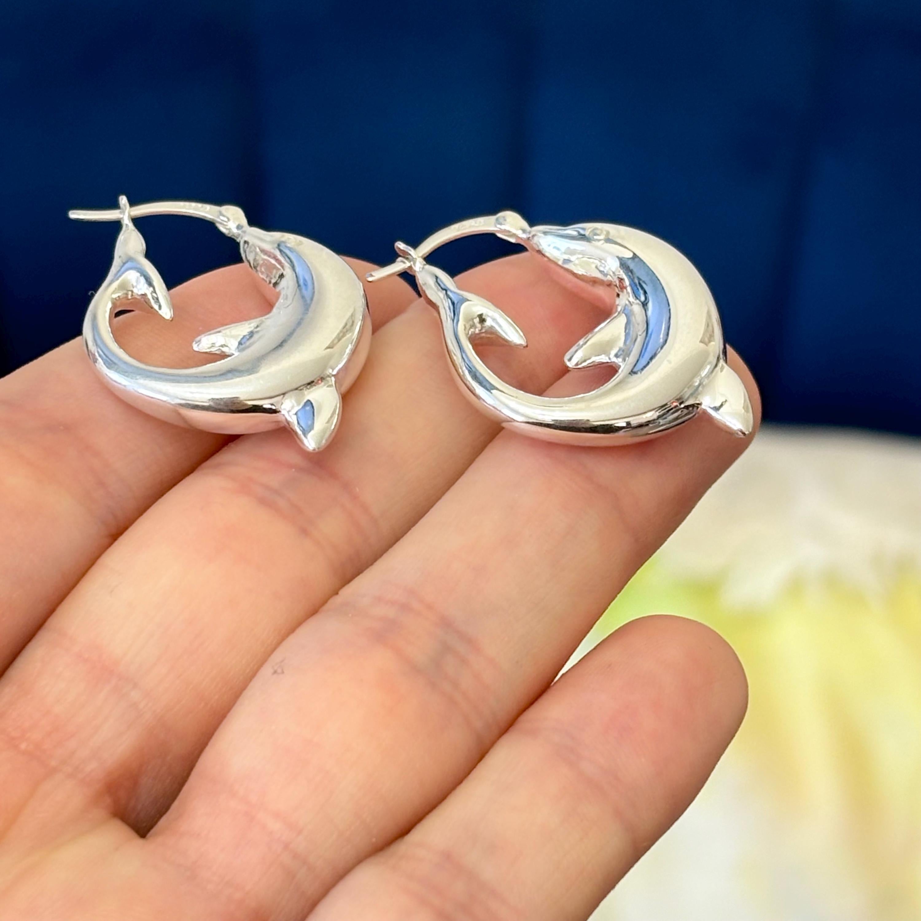 Sterling Silver Polished Playful Dolphin Round Hoop Earrings