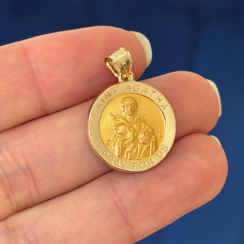 14k Gold St Agatha Round Polished and Satin Medal Pendant