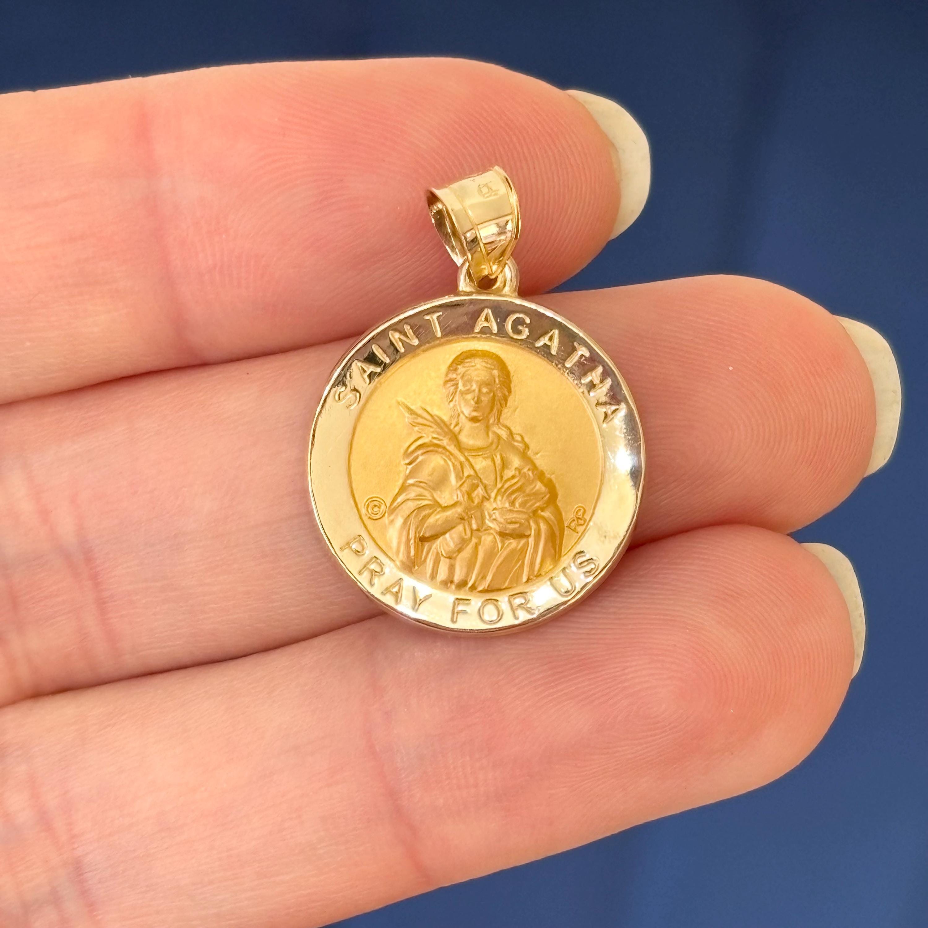14k Gold St Agatha Round Polished and Satin Medal Pendant