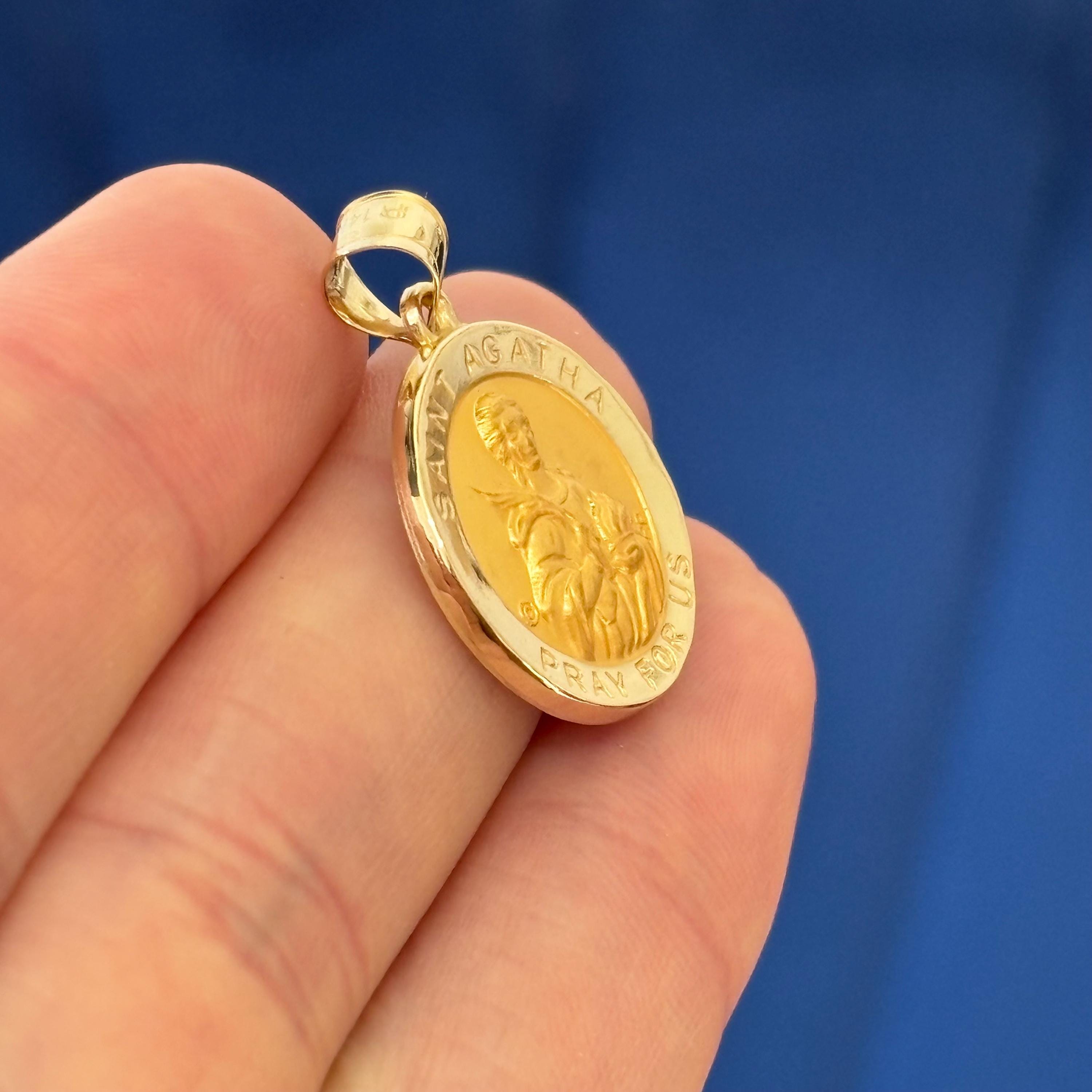 14k Gold St Agatha Round Polished and Satin Medal Pendant