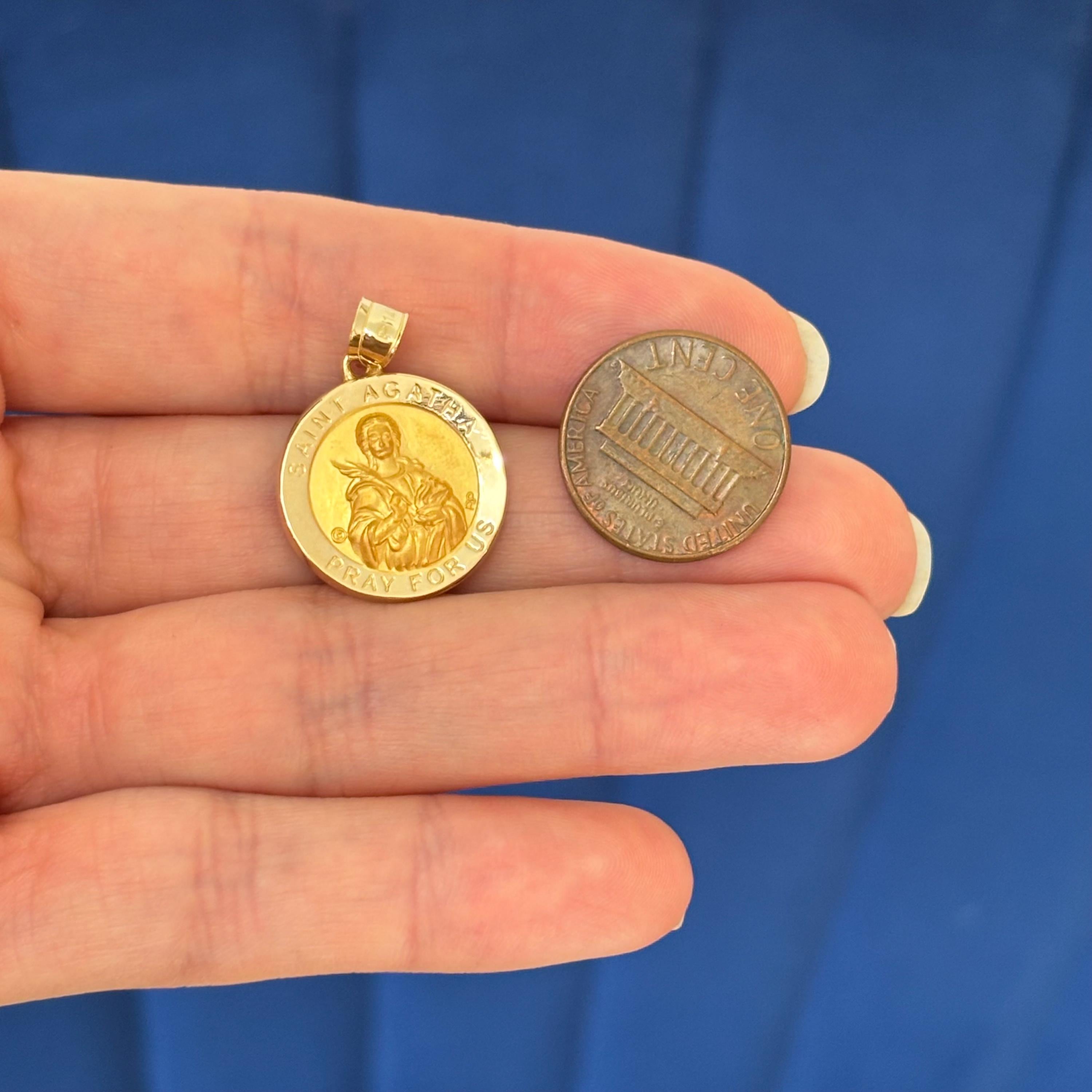 14k Gold St Agatha Round Polished and Satin Medal Pendant