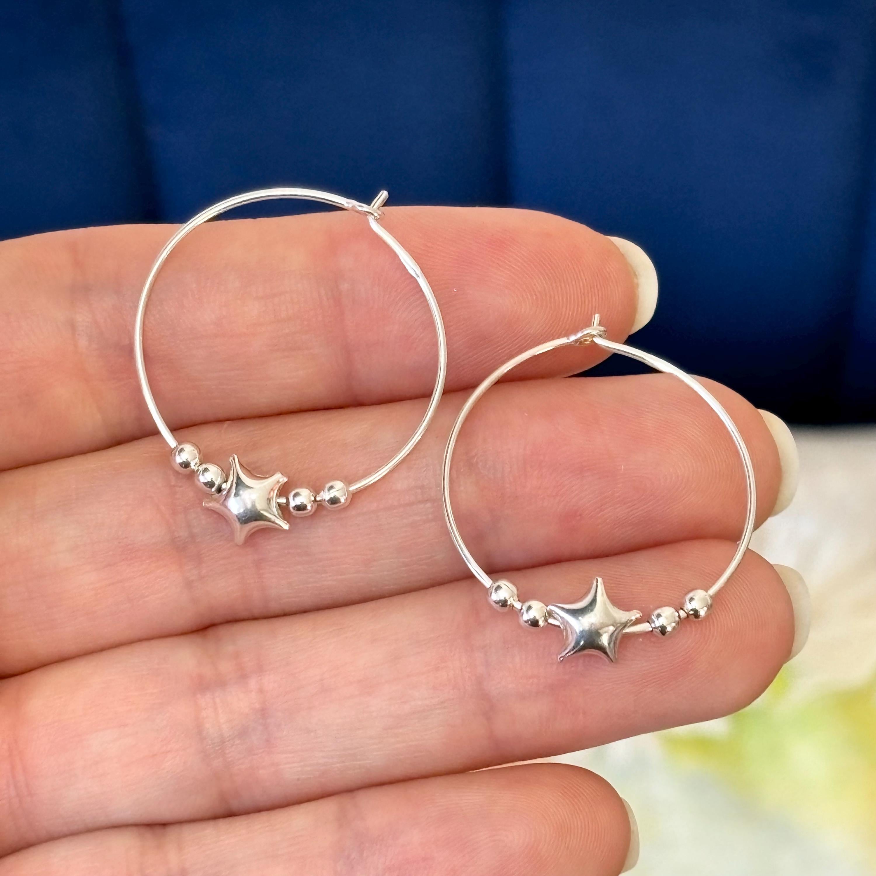 Sterling Silver Beaded and Star Hoop Earrings