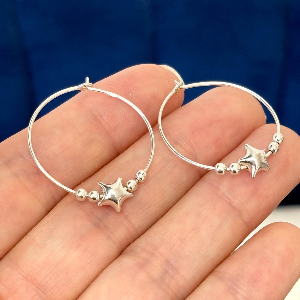 Sterling Silver Beaded and Star Hoop Earrings