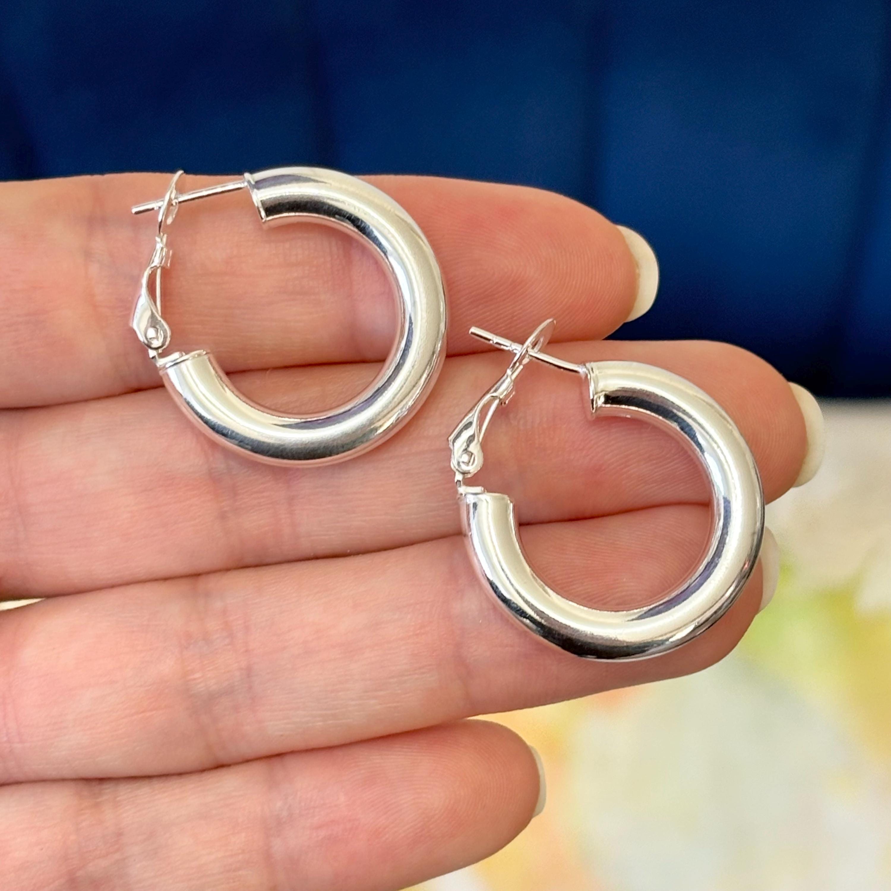 Sterling Silver Omega-back Medium Width Hoop Earrings