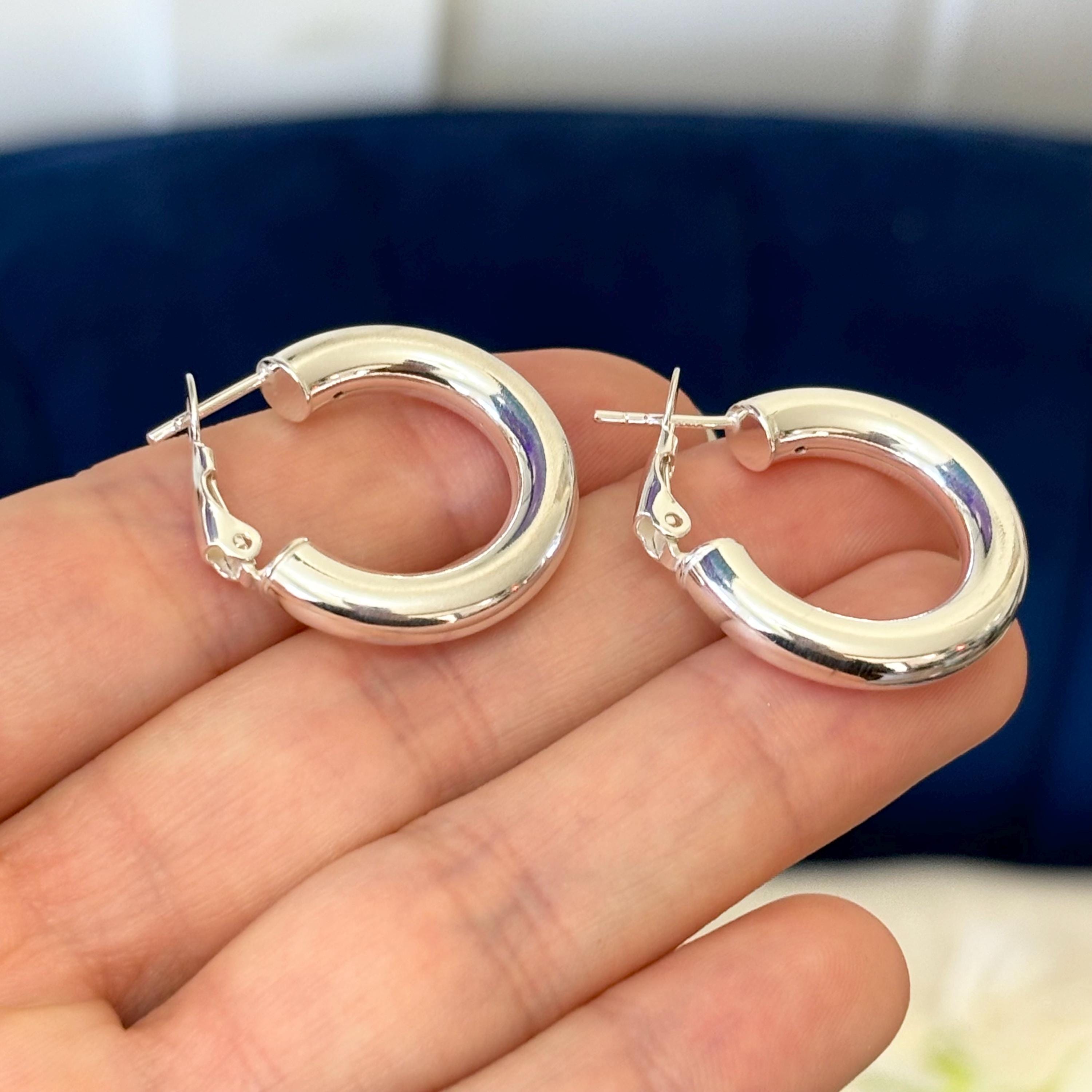 Sterling Silver Omega-back Medium Width Hoop Earrings