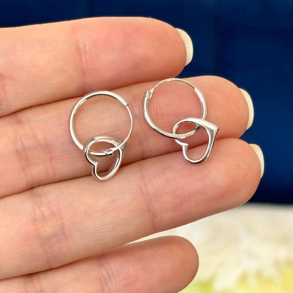 Sterling Silver Dangling Heart Hoop Earrings