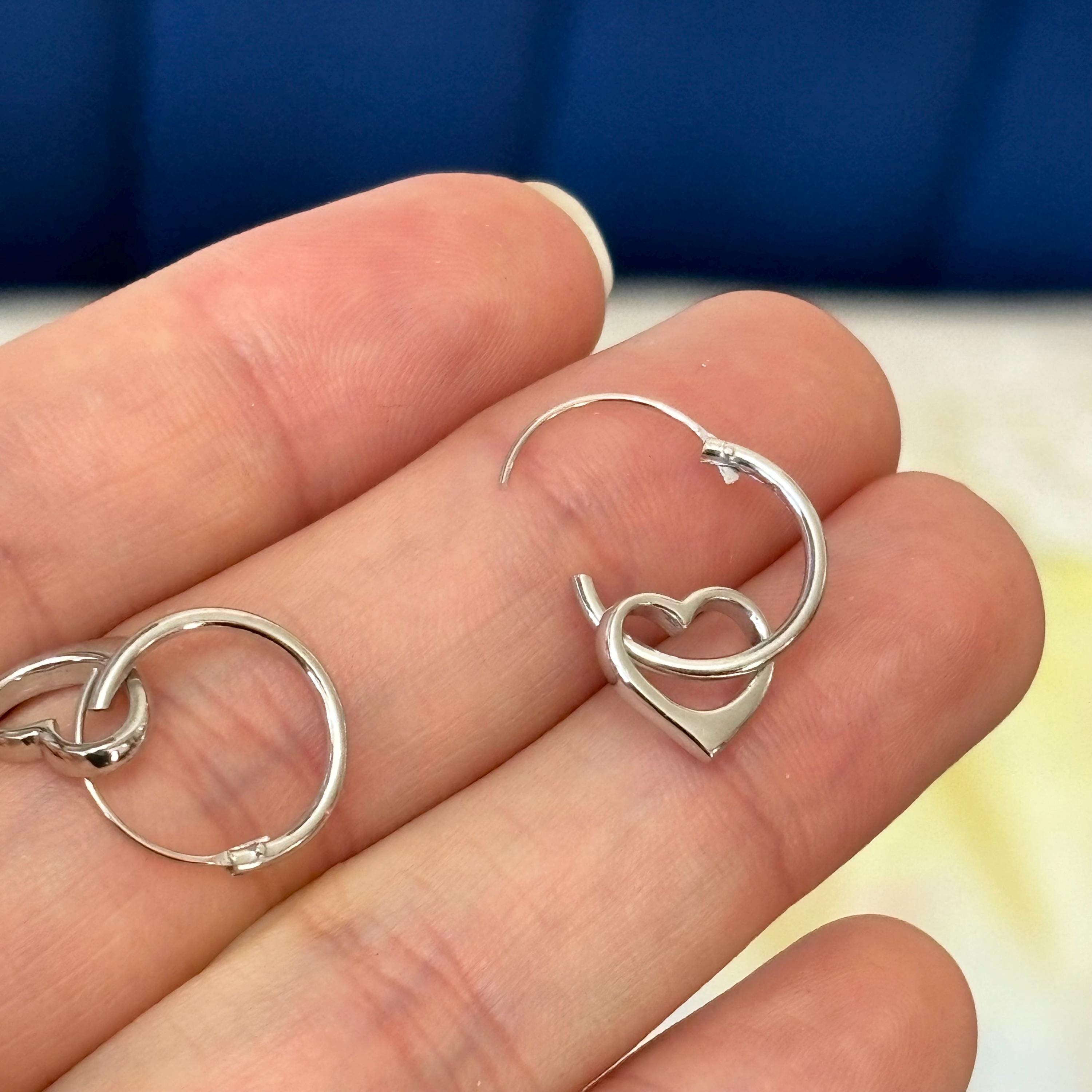 Sterling Silver Dangling Heart Hoop Earrings
