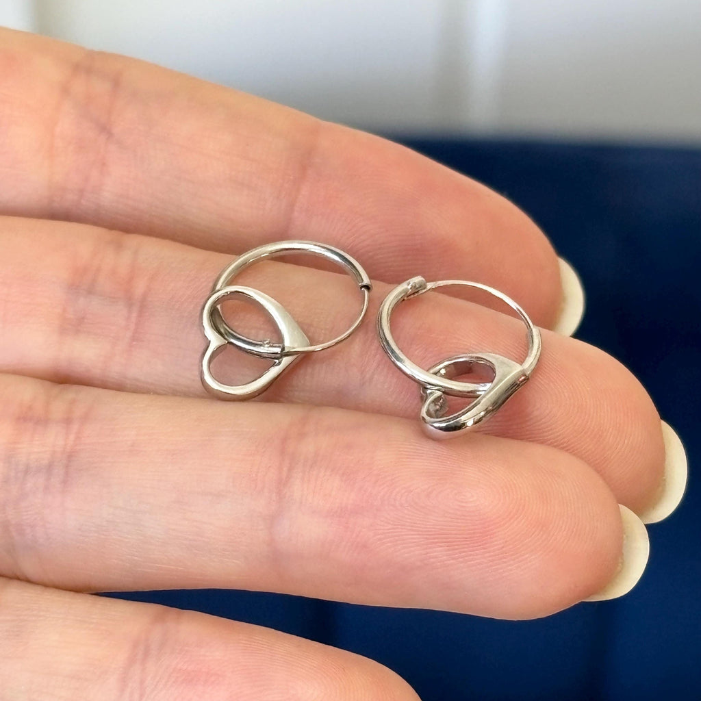 Sterling Silver Dangling Heart Hoop Earrings