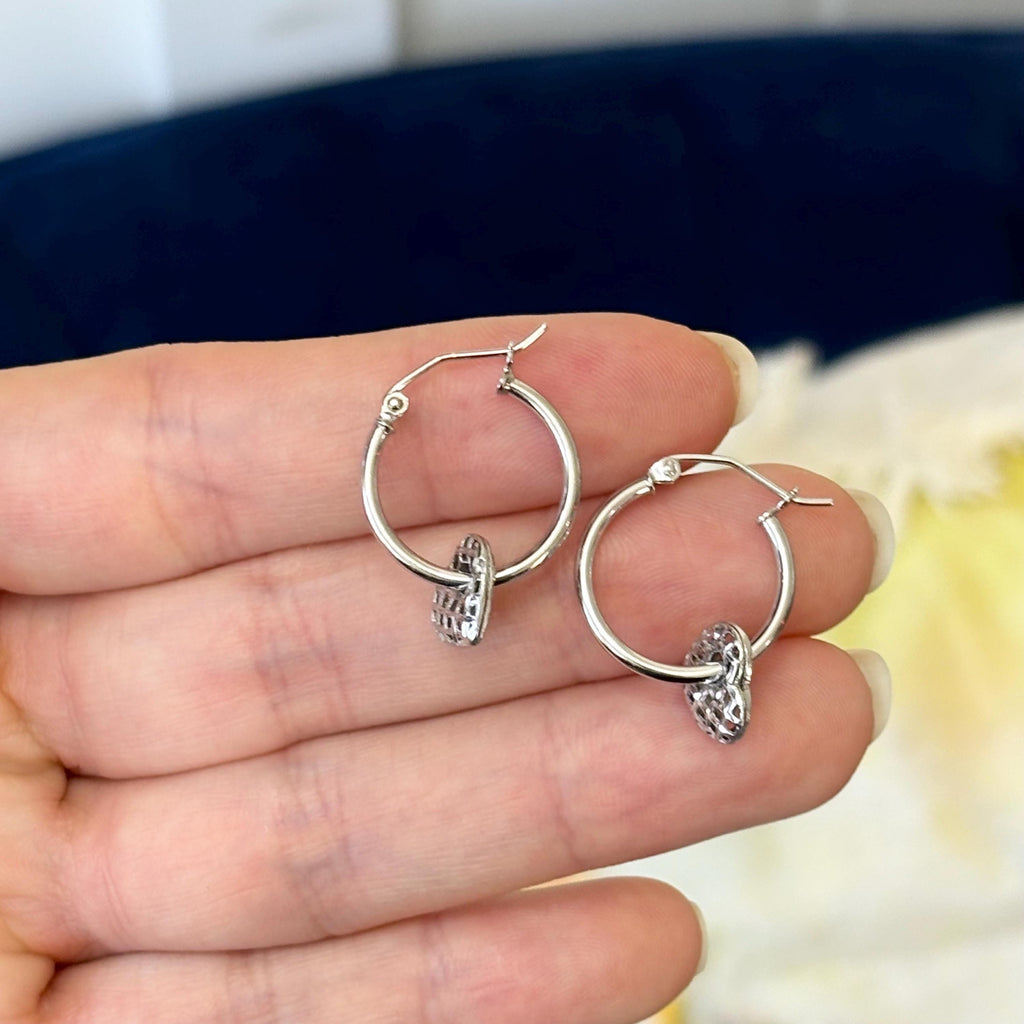 Sterling Silver Movable Dangling Heart Hoop Earrings