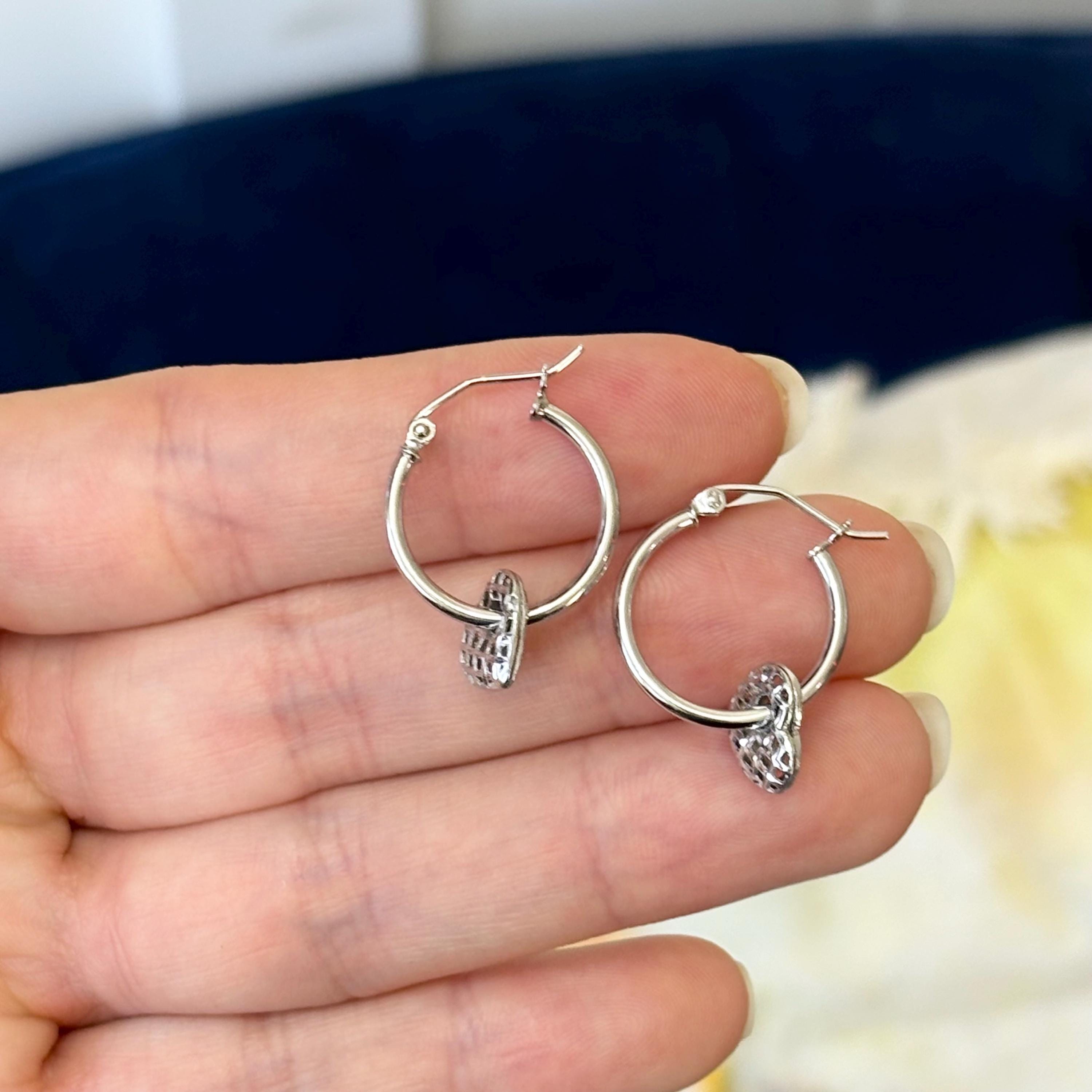 Sterling Silver Movable Dangling Heart Hoop Earrings