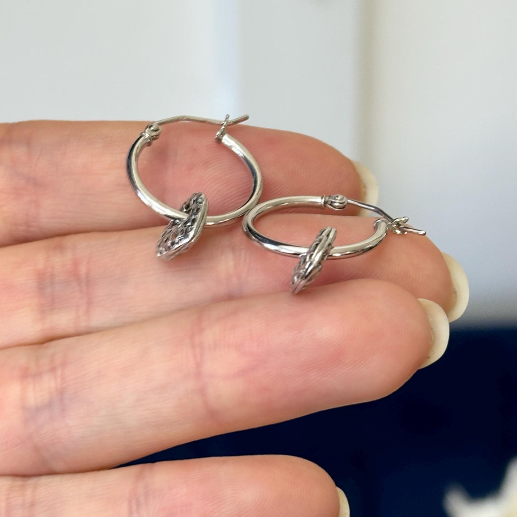 Sterling Silver Movable Dangling Heart Hoop Earrings
