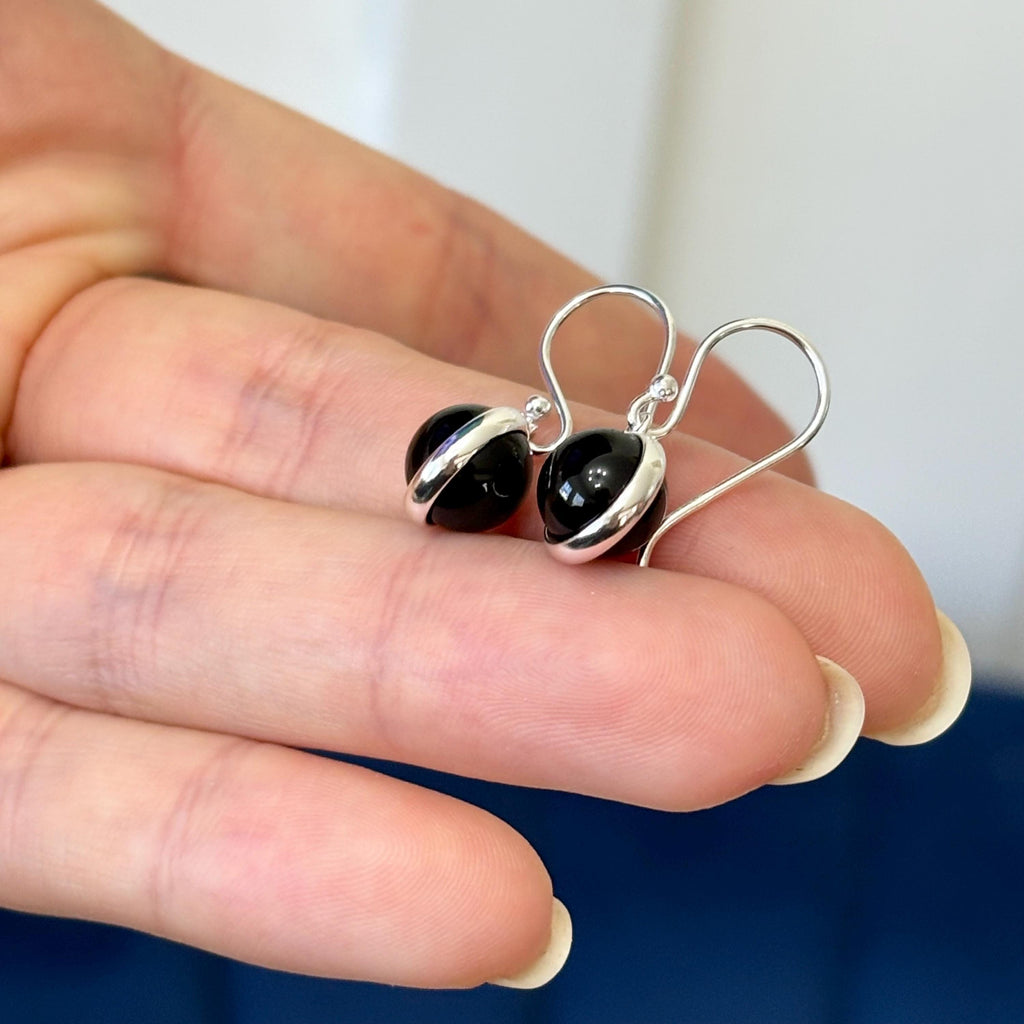 Sterling Silver Polished Onyx Bead Dangle Earrings