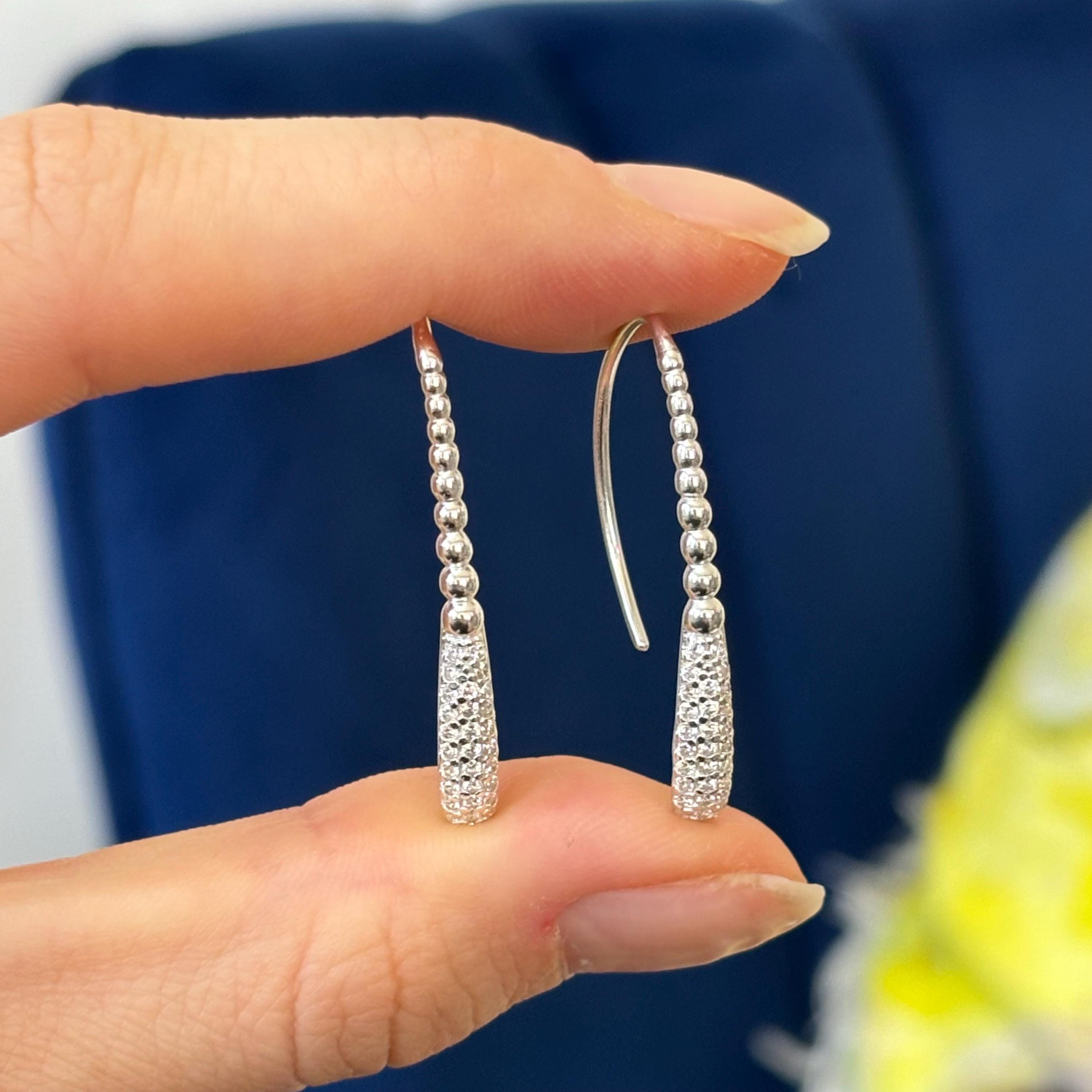Sterling Silver Beads and Cubic Zirconia (CZ) Long Tapered  Earrings