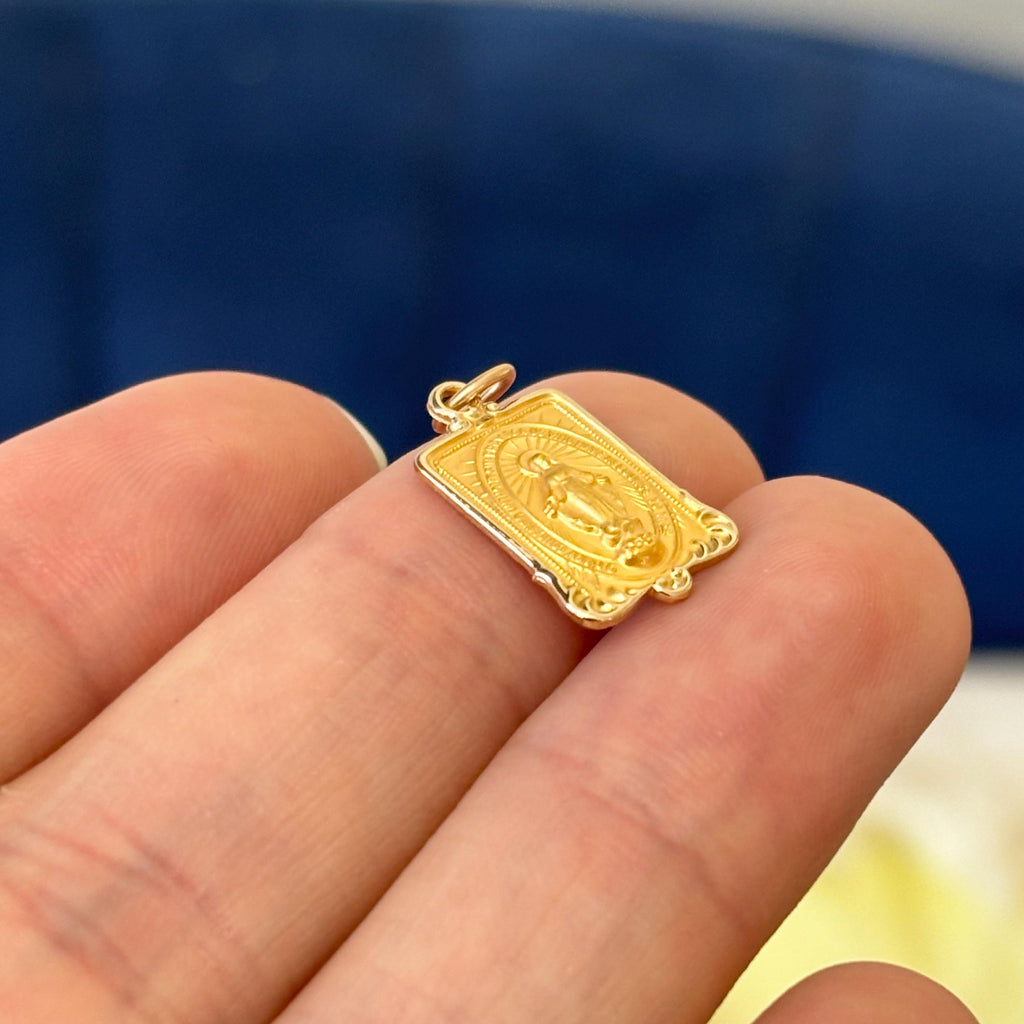 14k Solid Small Rectangular Miraculous Medal Charm Pendant Polished/Satin