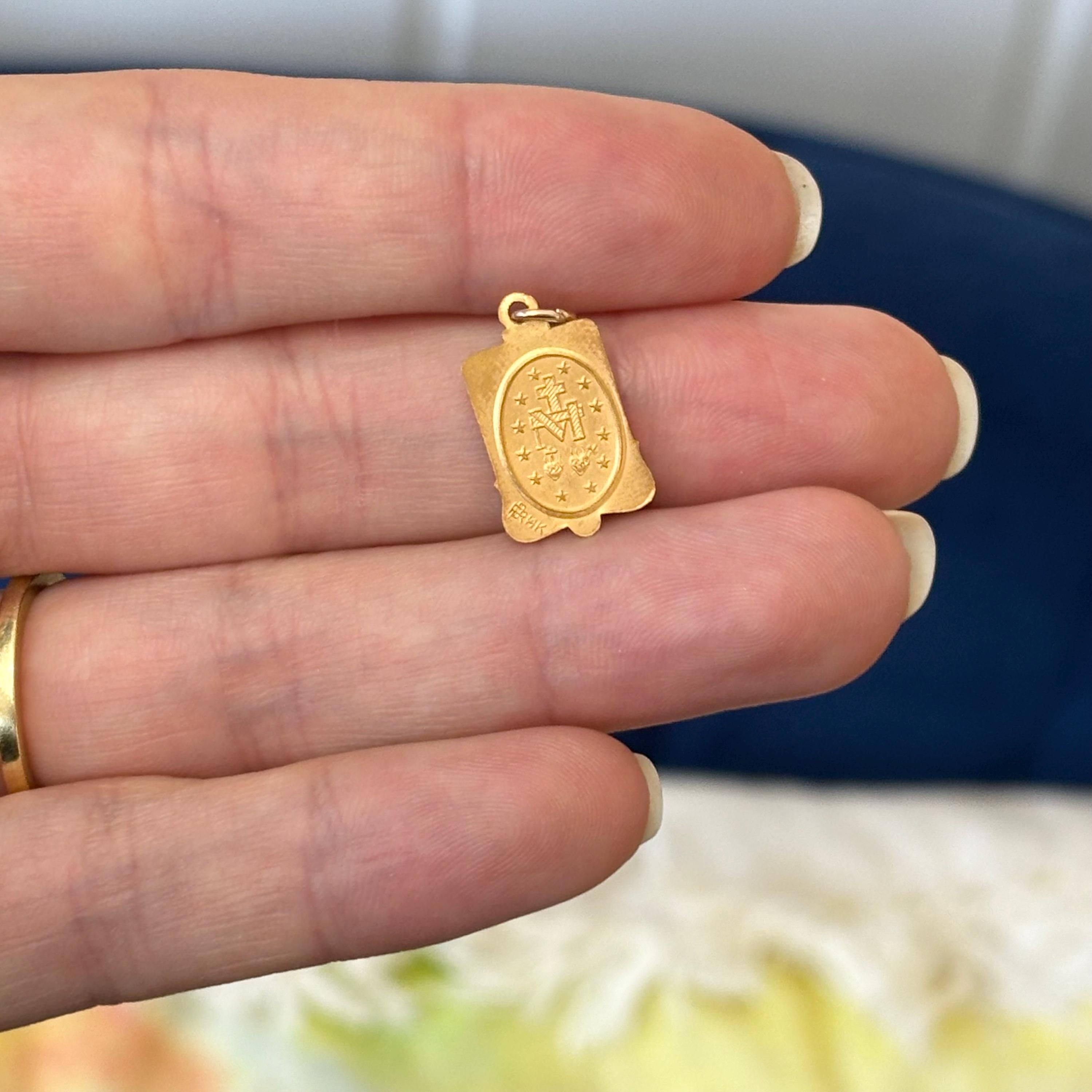 14k Solid Small Rectangular Miraculous Medal Charm Pendant Polished/Satin