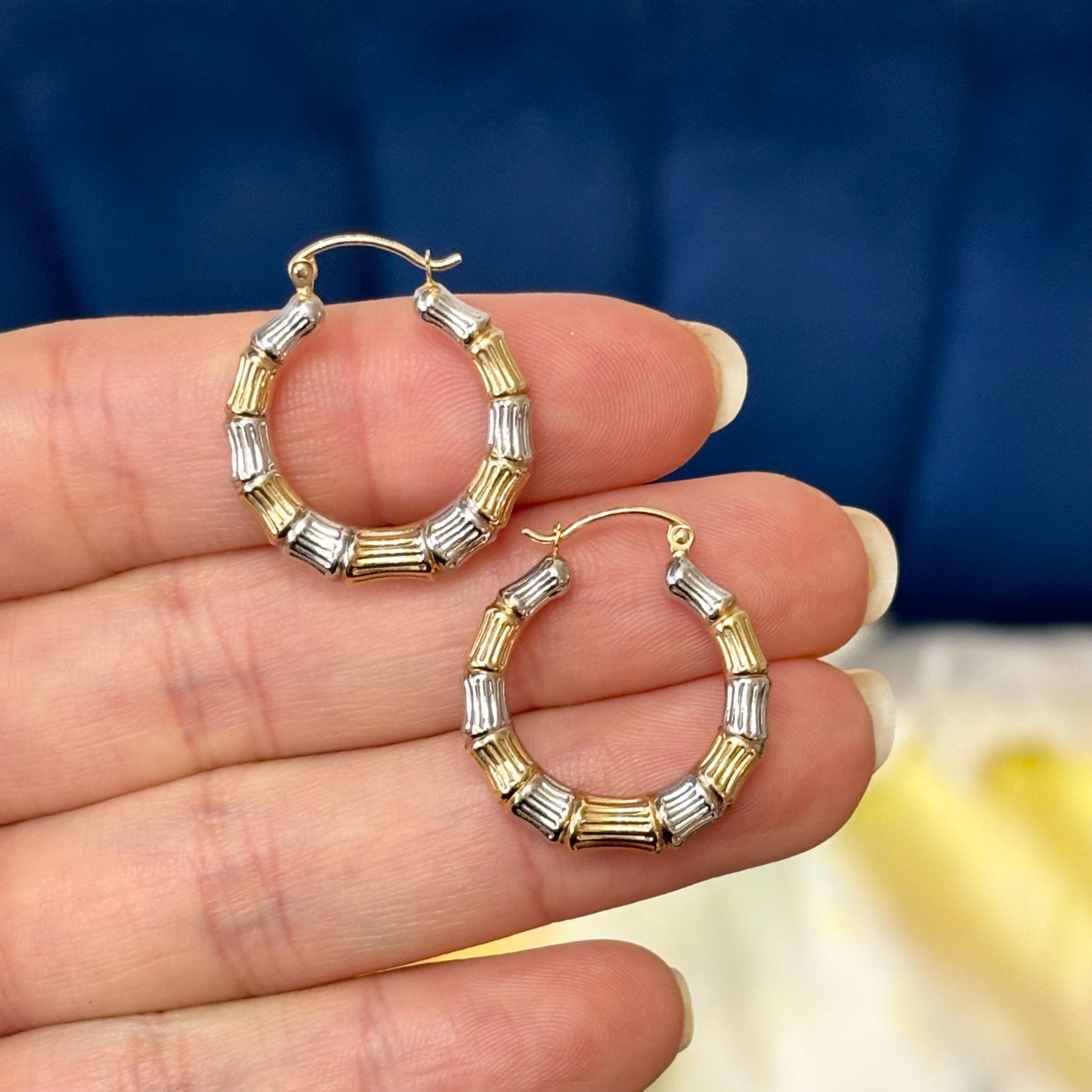14k Yellow and White Gold Bamboo Two-tone Hoop Earrings