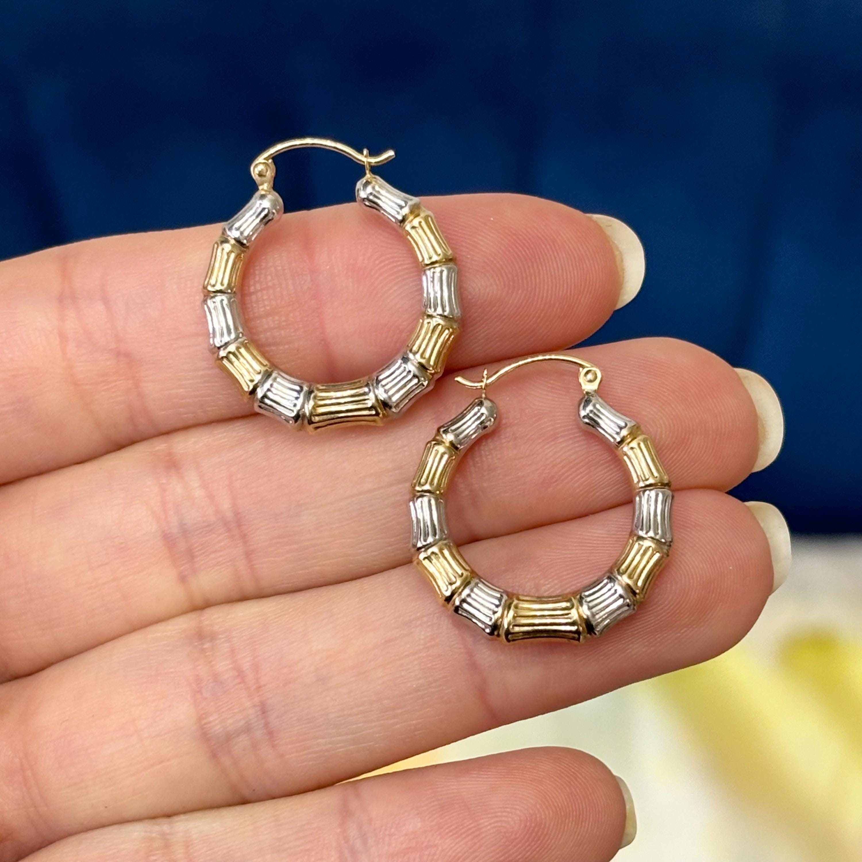 14k Yellow and White Gold Bamboo Two-tone Hoop Earrings