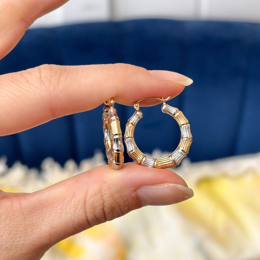 14k Yellow and White Gold Bamboo Two-tone Hoop Earrings