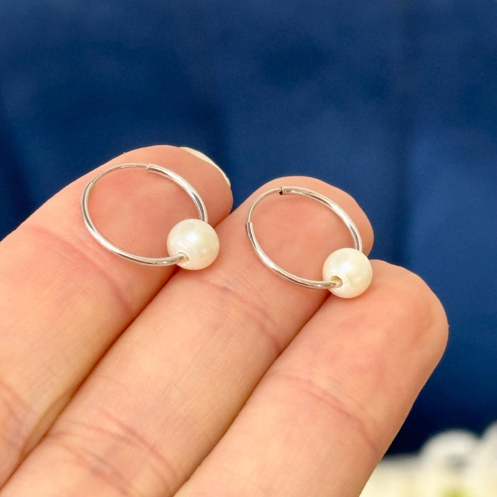 14k White Gold 5-6mm White Semi-round Freshwater Cultured Pearl Endless Hoop Earrings