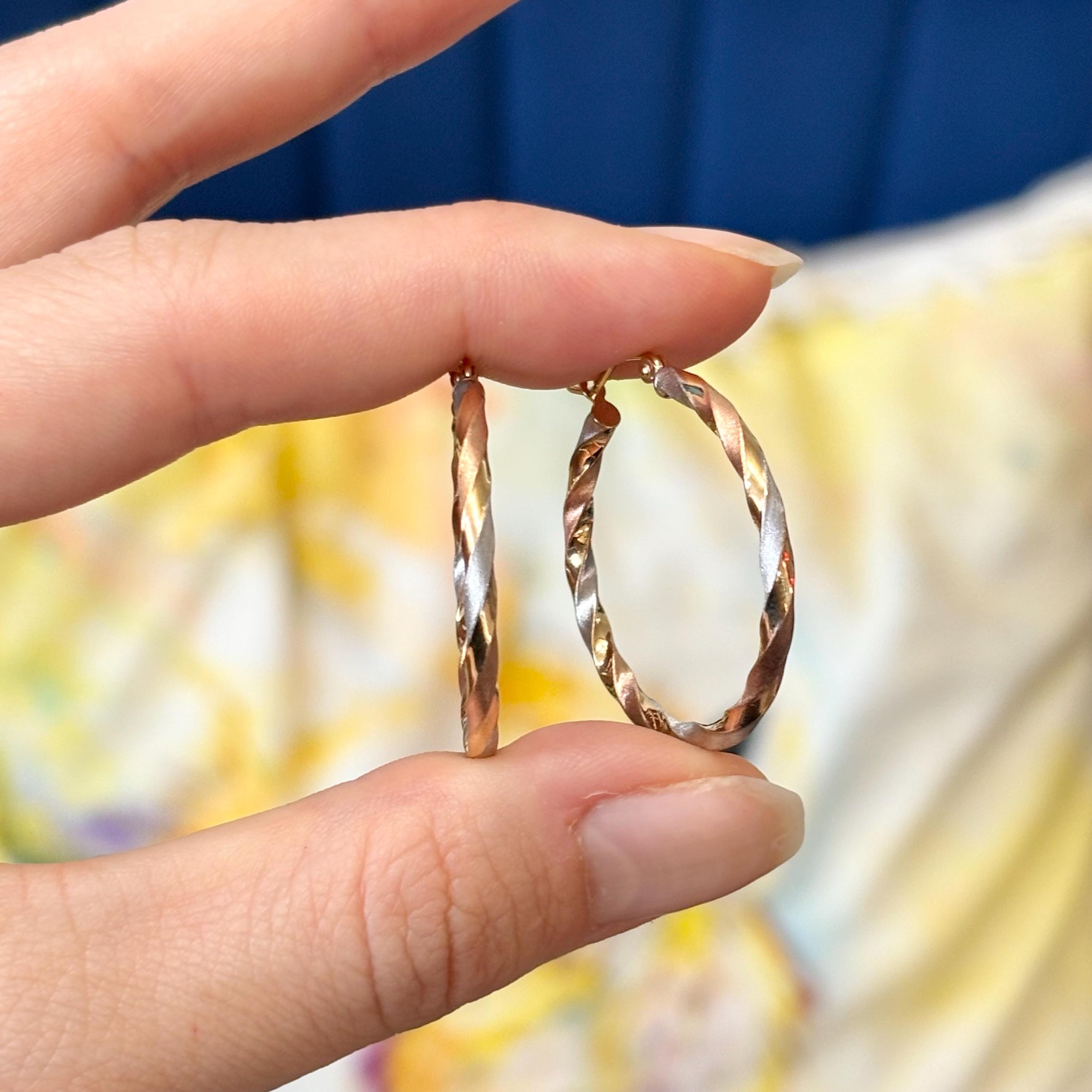 10k Yellow White and Rose Gold Twisted Satin Hoop Earrings