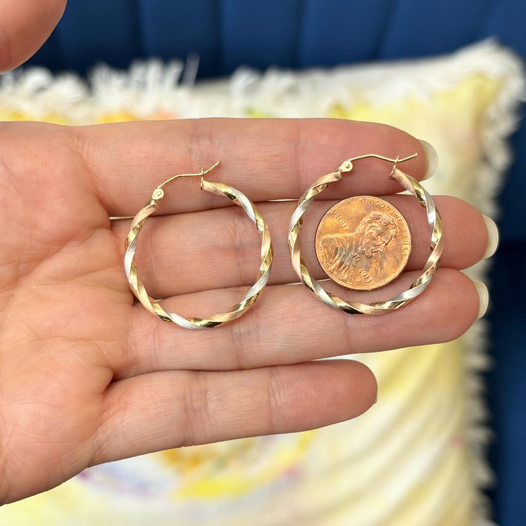 10k Yellow White and Rose Gold Twisted Satin Hoop Earrings