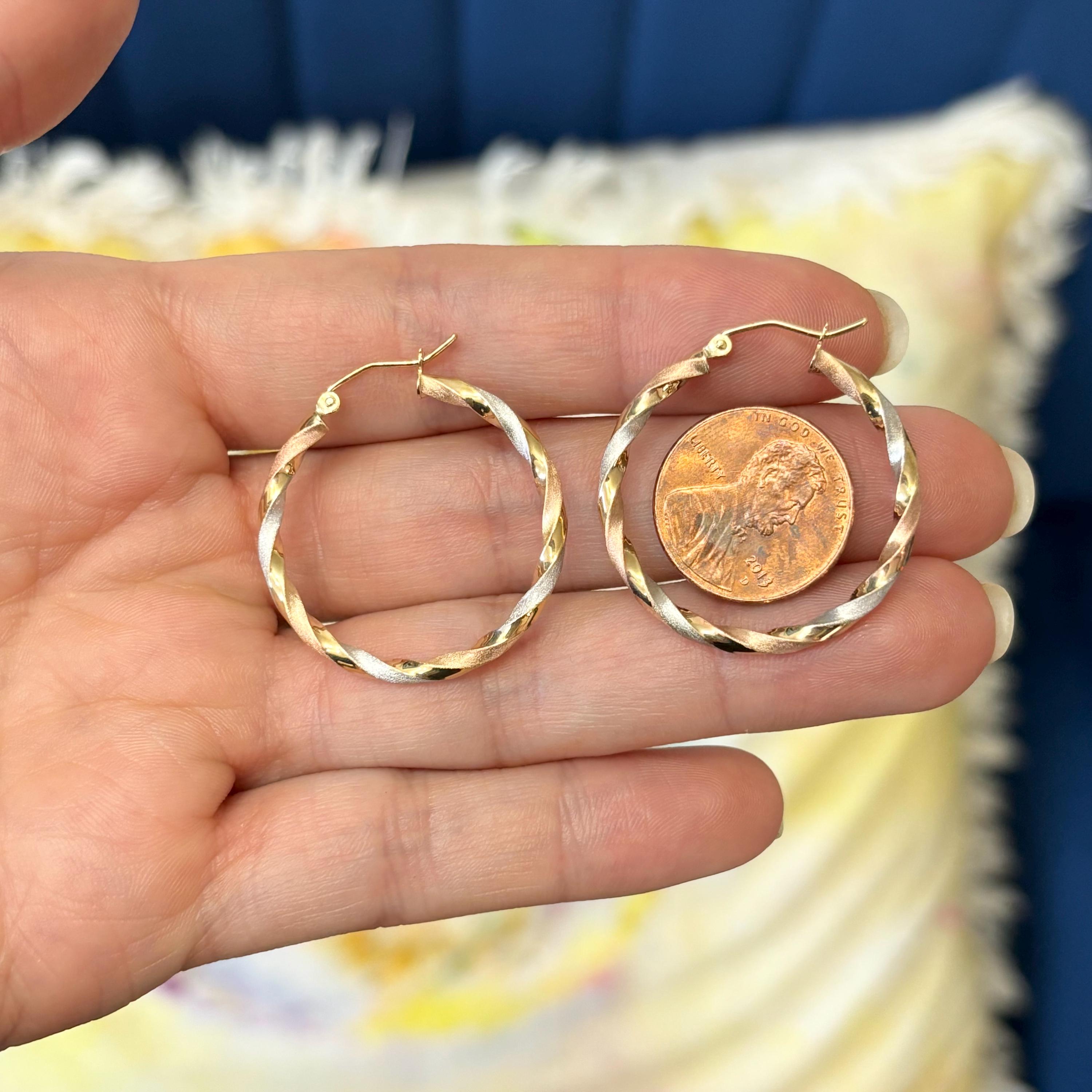 10k Yellow White and Rose Gold Twisted Satin Hoop Earrings