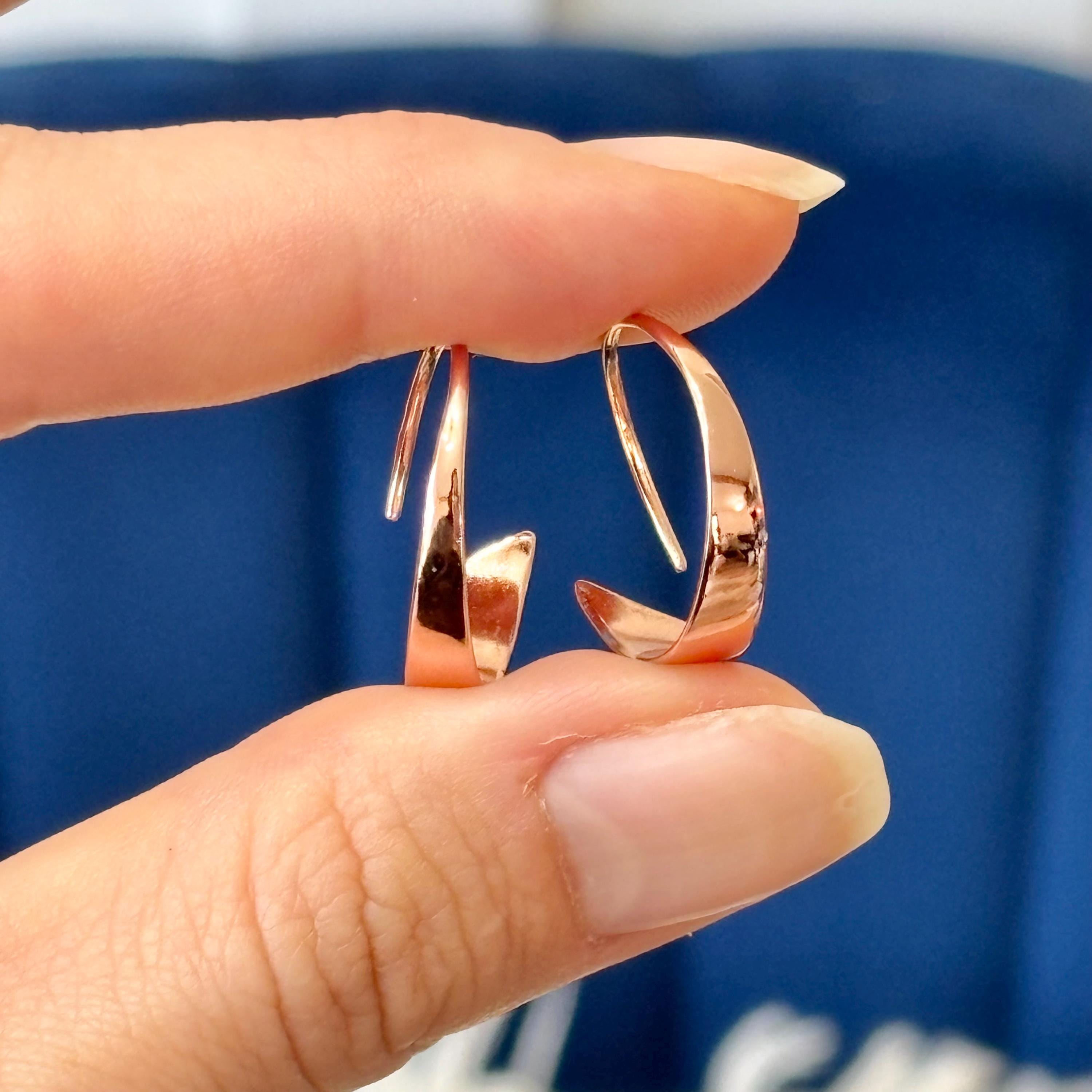 Sterling Silver Rose-tone Flat Bar Hoop Threader Earrings
