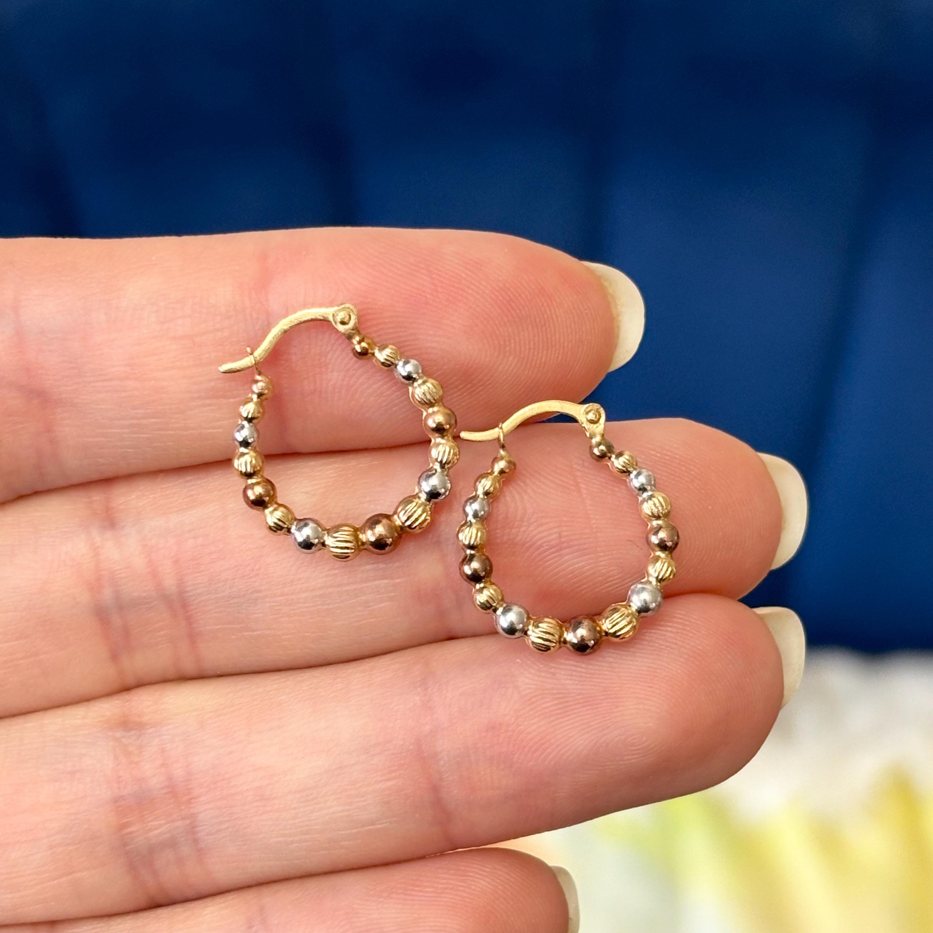 14k and White and Rose Rhodium Beaded Hoop Earrings