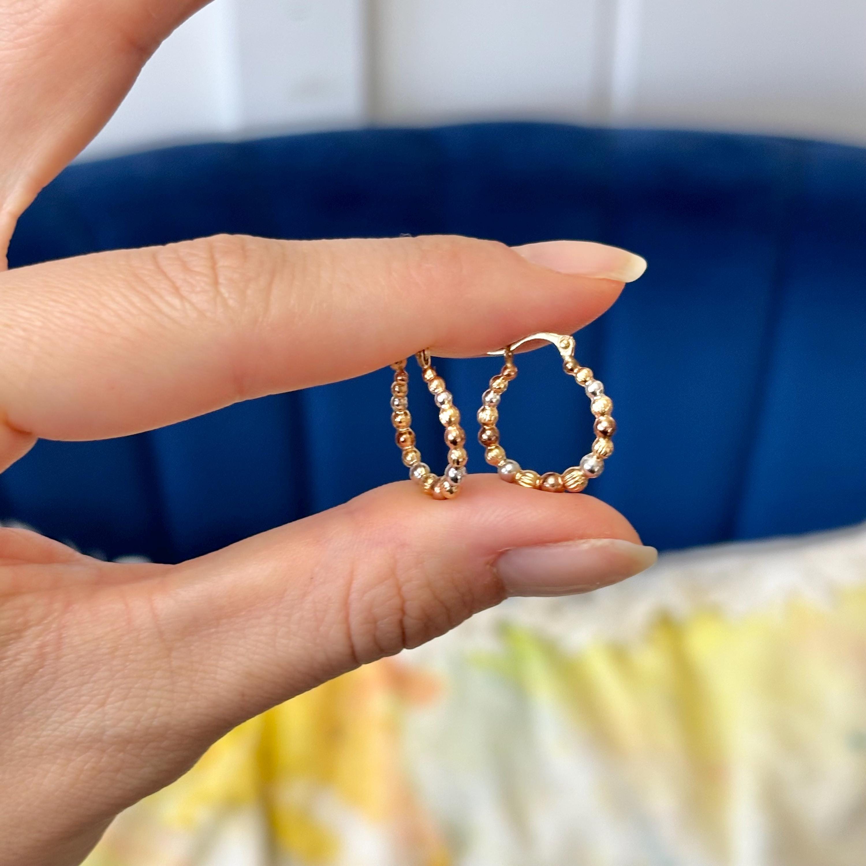 14k and White and Rose Rhodium Beaded Hoop Earrings