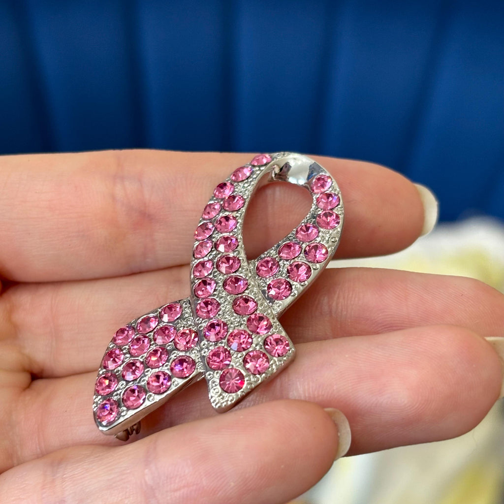 Sterling Silver Pink Crystal Breast Cancer Awareness Ribbon Pin