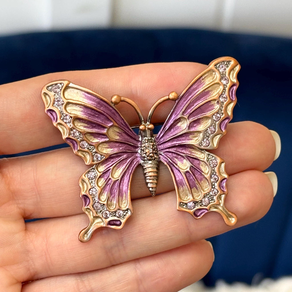 Metal Purple Enamel with Green and Purple Crystals Pin