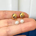 Stainless Steel Gold-tone ball with Faux Pearl Reversible Post Earrings