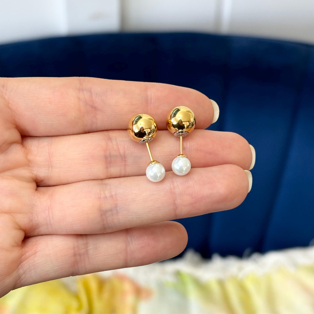 Stainless Steel Gold-tone ball with Faux Pearl Reversible Post Earrings