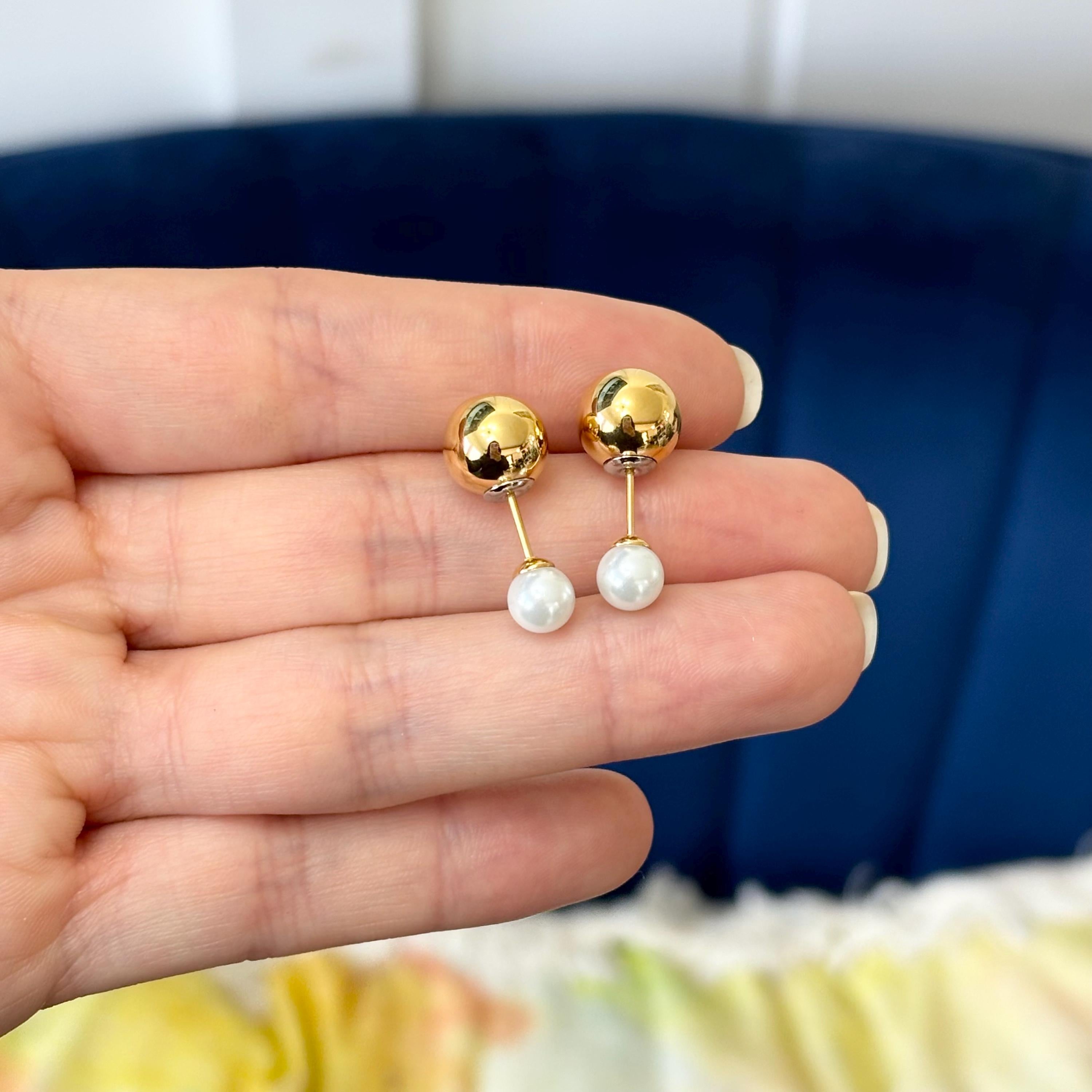 Stainless Steel Gold-tone ball with Faux Pearl Reversible Post Earrings