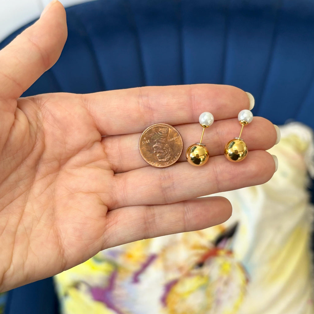 Stainless Steel Gold-tone ball with Faux Pearl Reversible Post Earrings