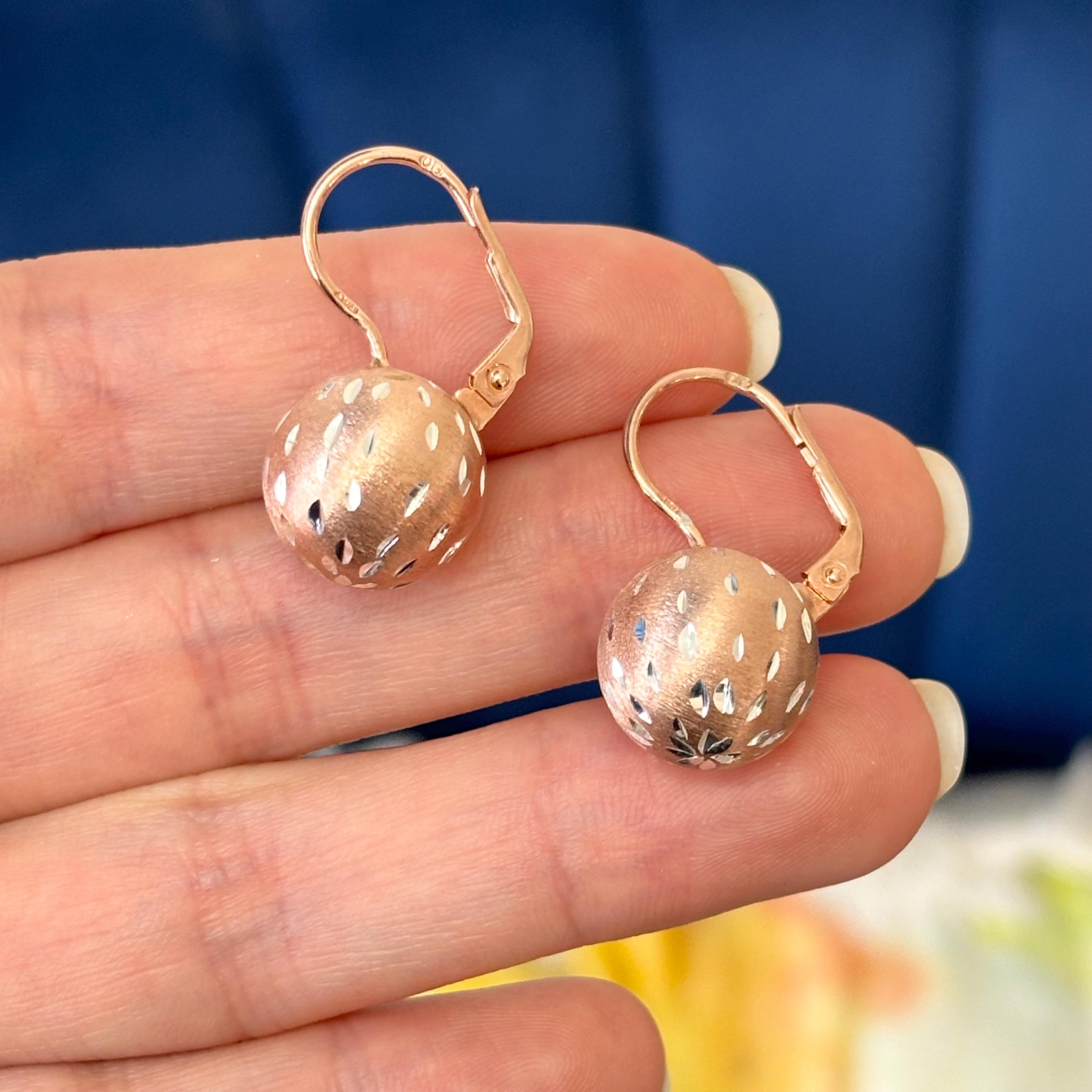 Sterling Silver with Rose Rhodium Brushed and Diamond-cut Ball Dangle Earrings
