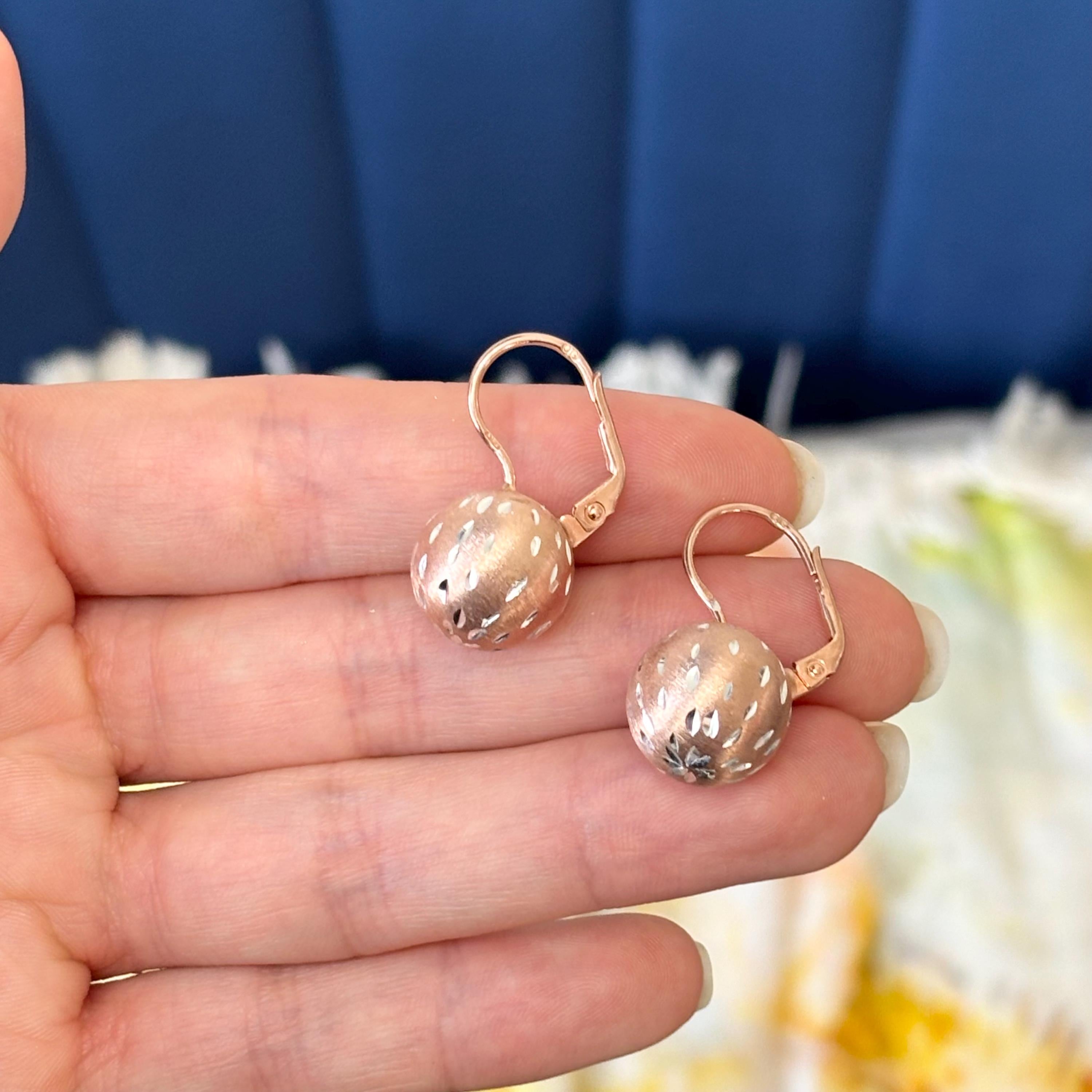 Sterling Silver with Rose Rhodium Brushed and Diamond-cut Ball Dangle Earrings