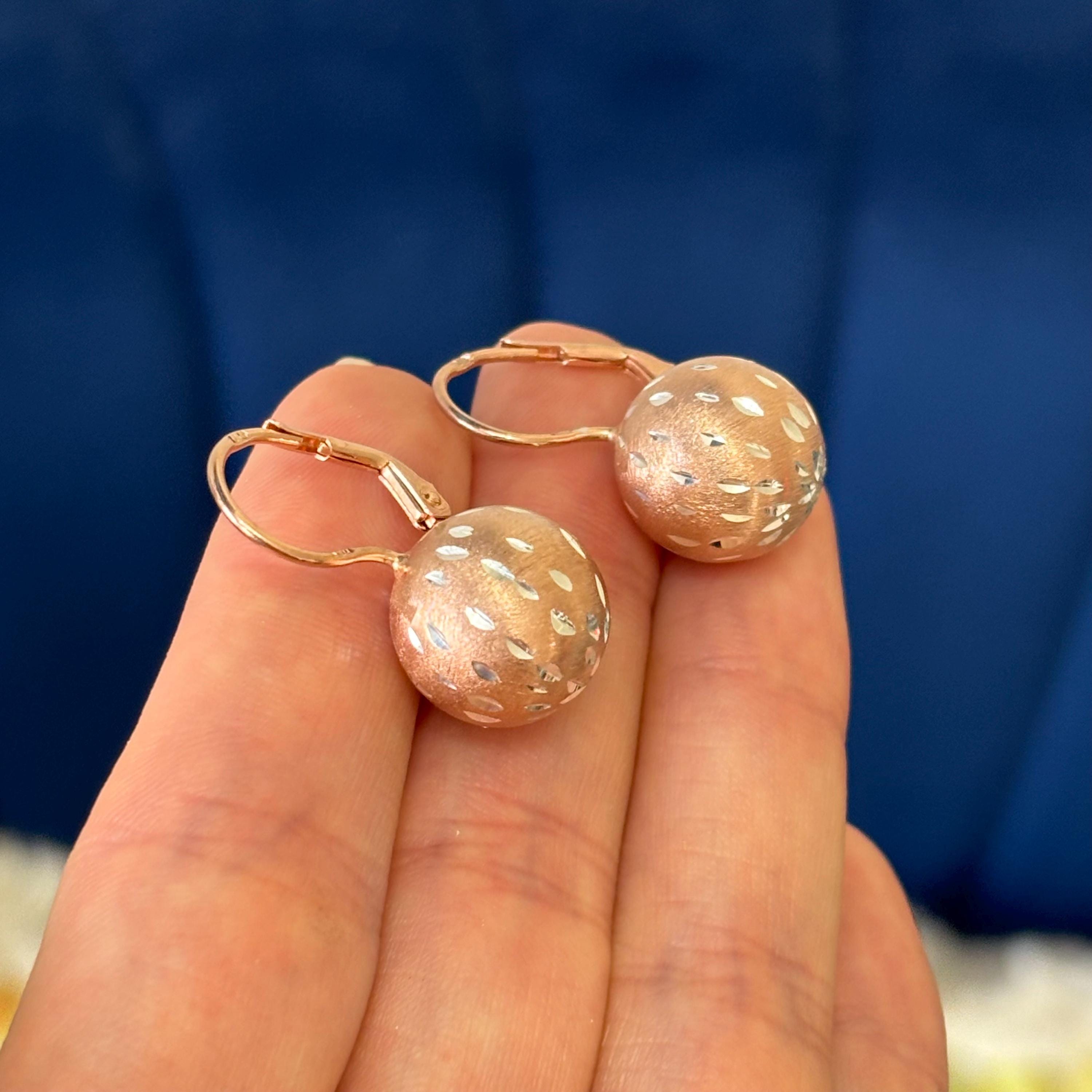 Sterling Silver with Rose Rhodium Brushed and Diamond-cut Ball Dangle Earrings