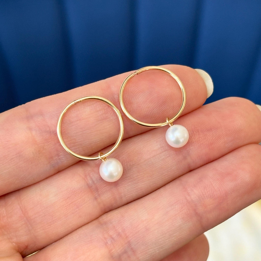 14k Yellow Gold 5-6mm White Round Freshwater Cultured Pearl Dangle Endless Hoop Earrings