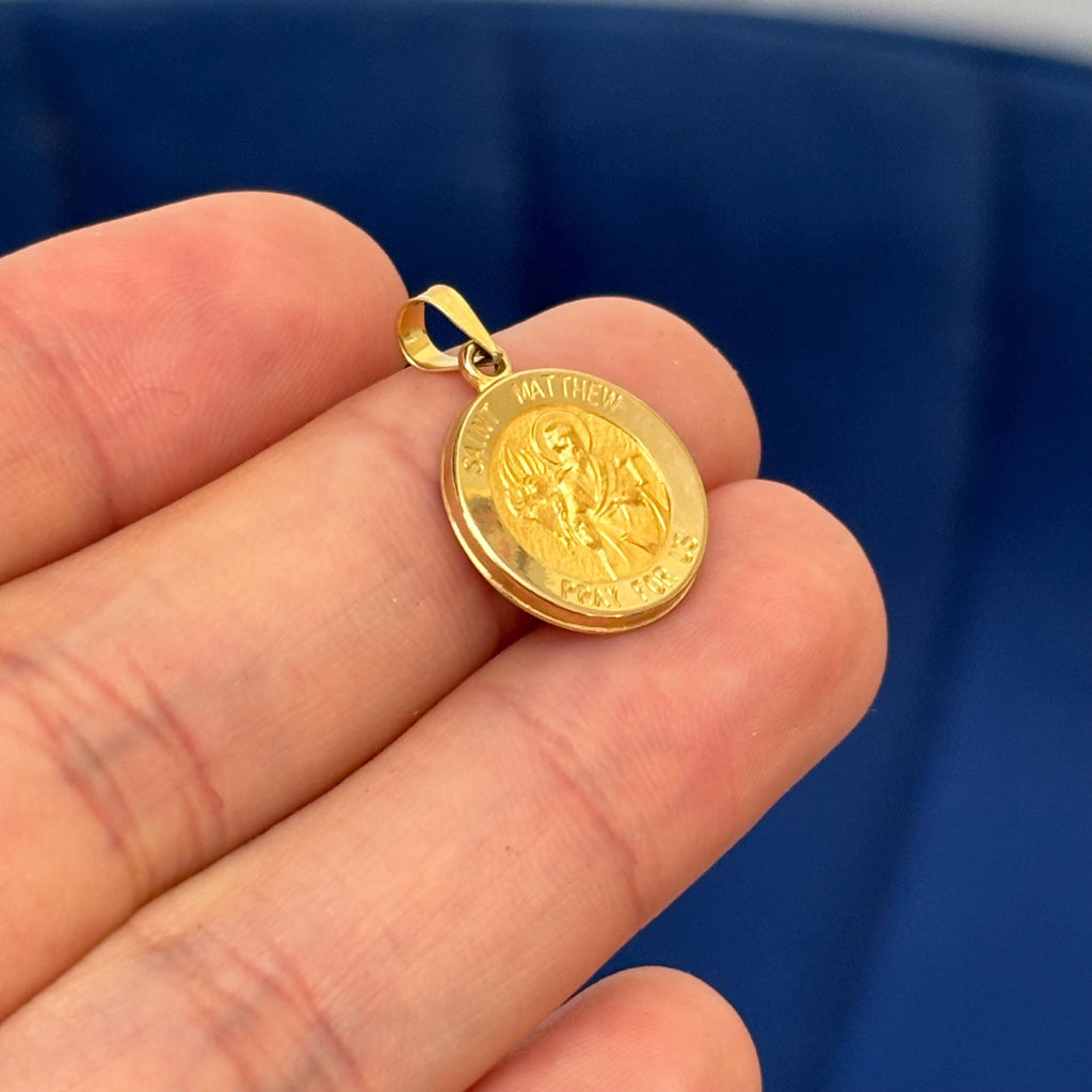 14k Gold St Matthew Medal Polished and Matte Pendant