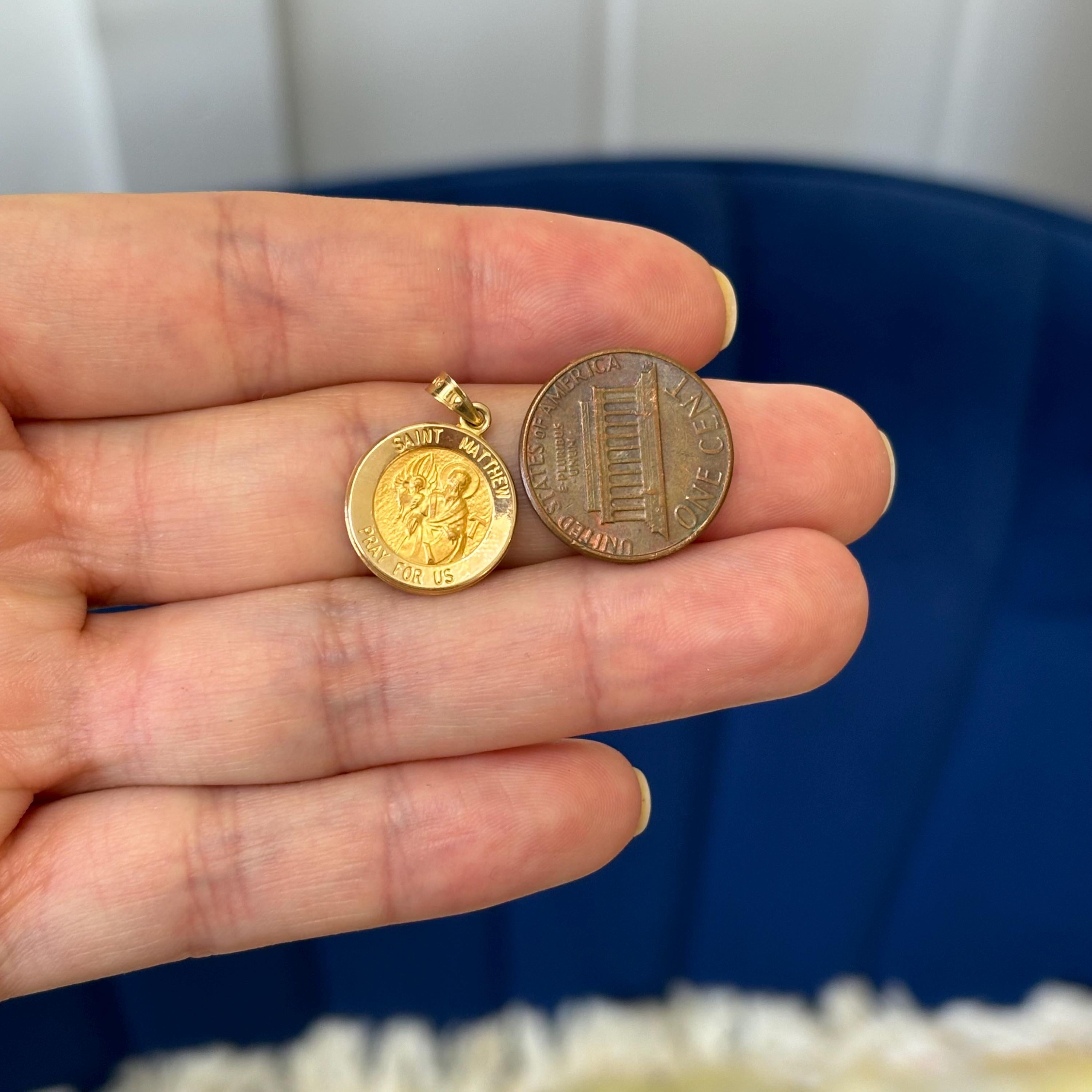 14k Gold St Matthew Medal Polished and Matte Pendant