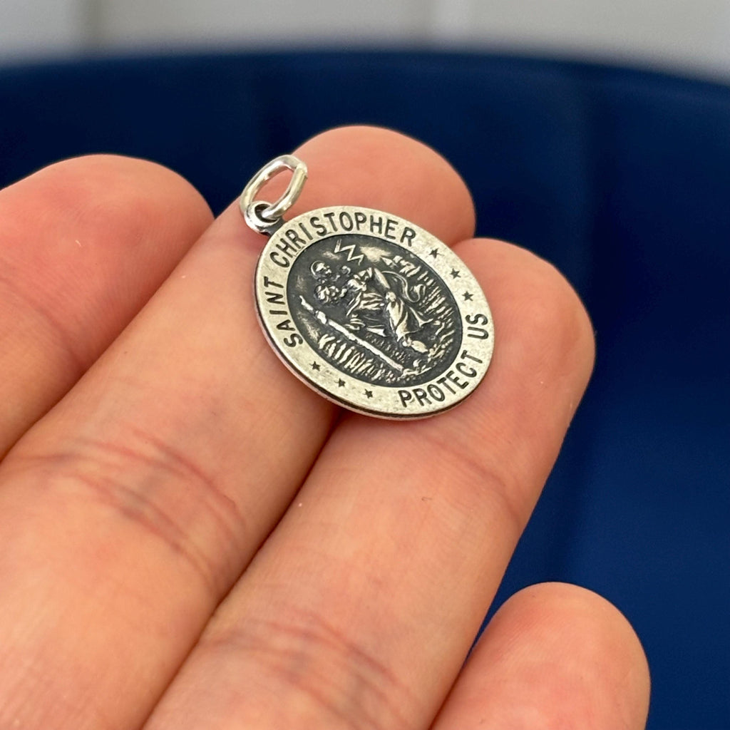 Sterling Silver Antiqued St Christopher Round Charm Pendant Small