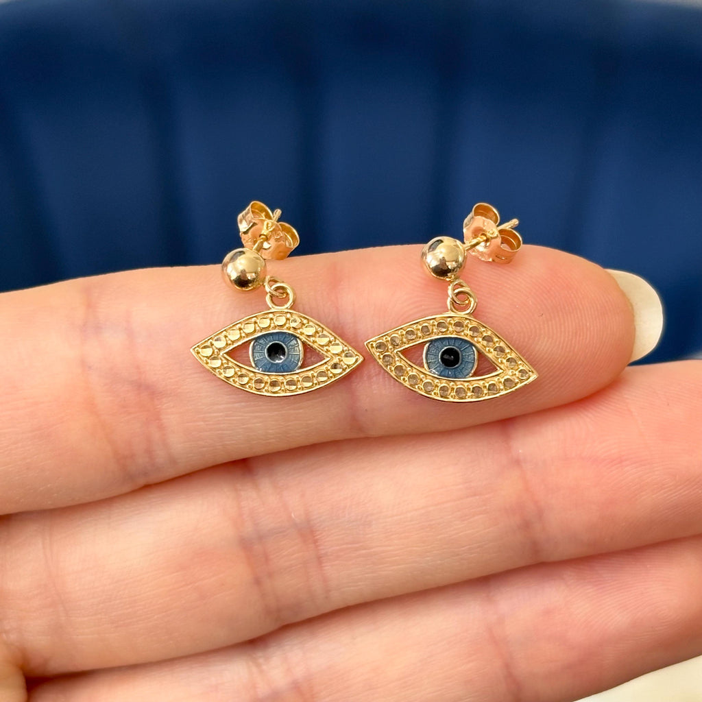 14k Gold Diamond-cut Blue and Black Enameled Evil Eye Protection Dangle Earrings