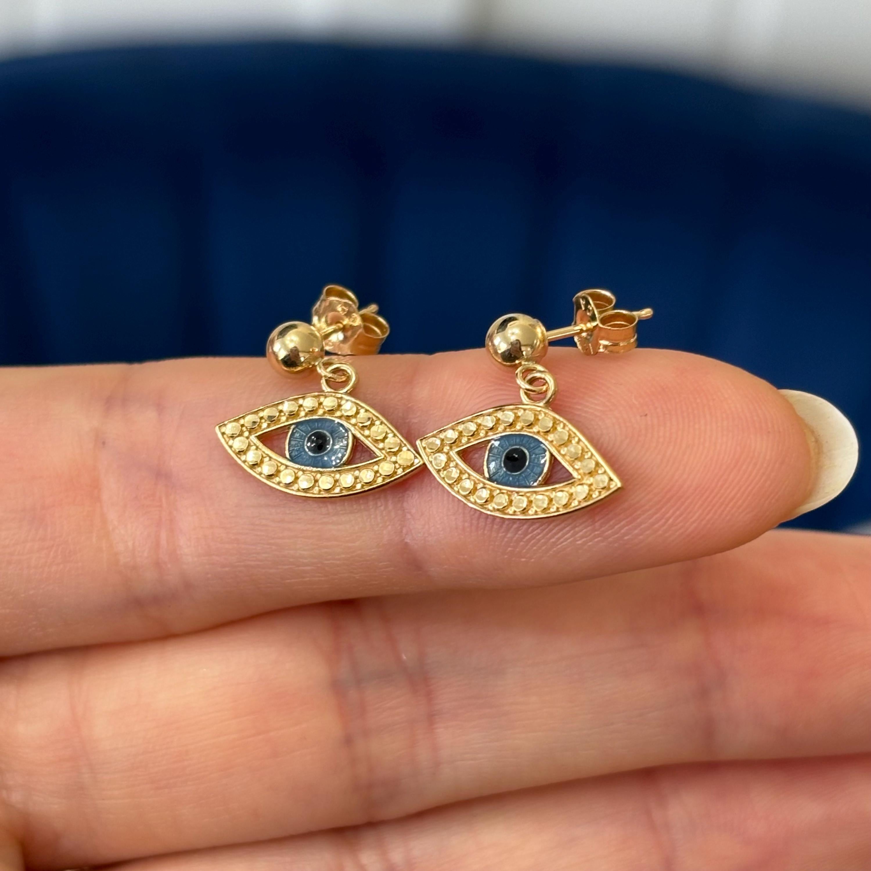 14k Gold Diamond-cut Blue and Black Enameled Evil Eye Protection Dangle Earrings