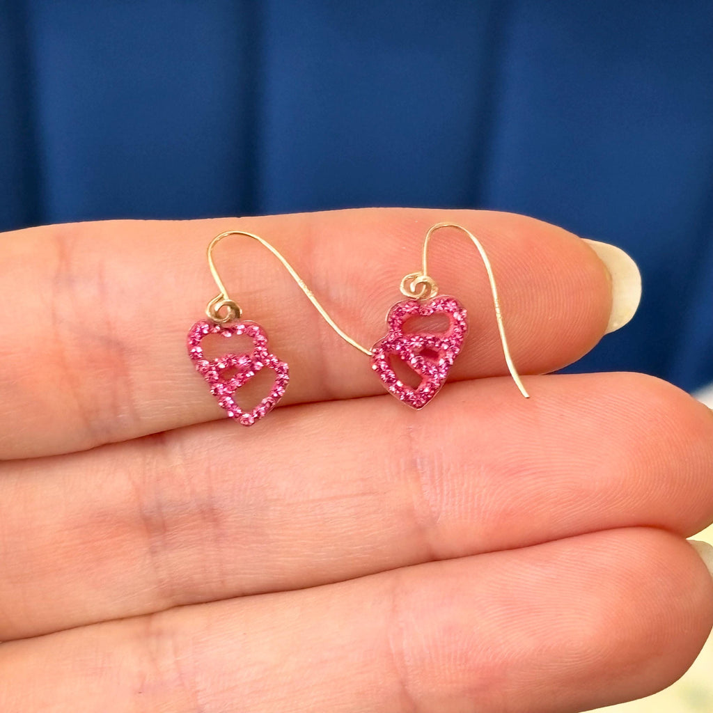 10k Gold Pink Double Heart with Pink Crystals Dangle Earrings