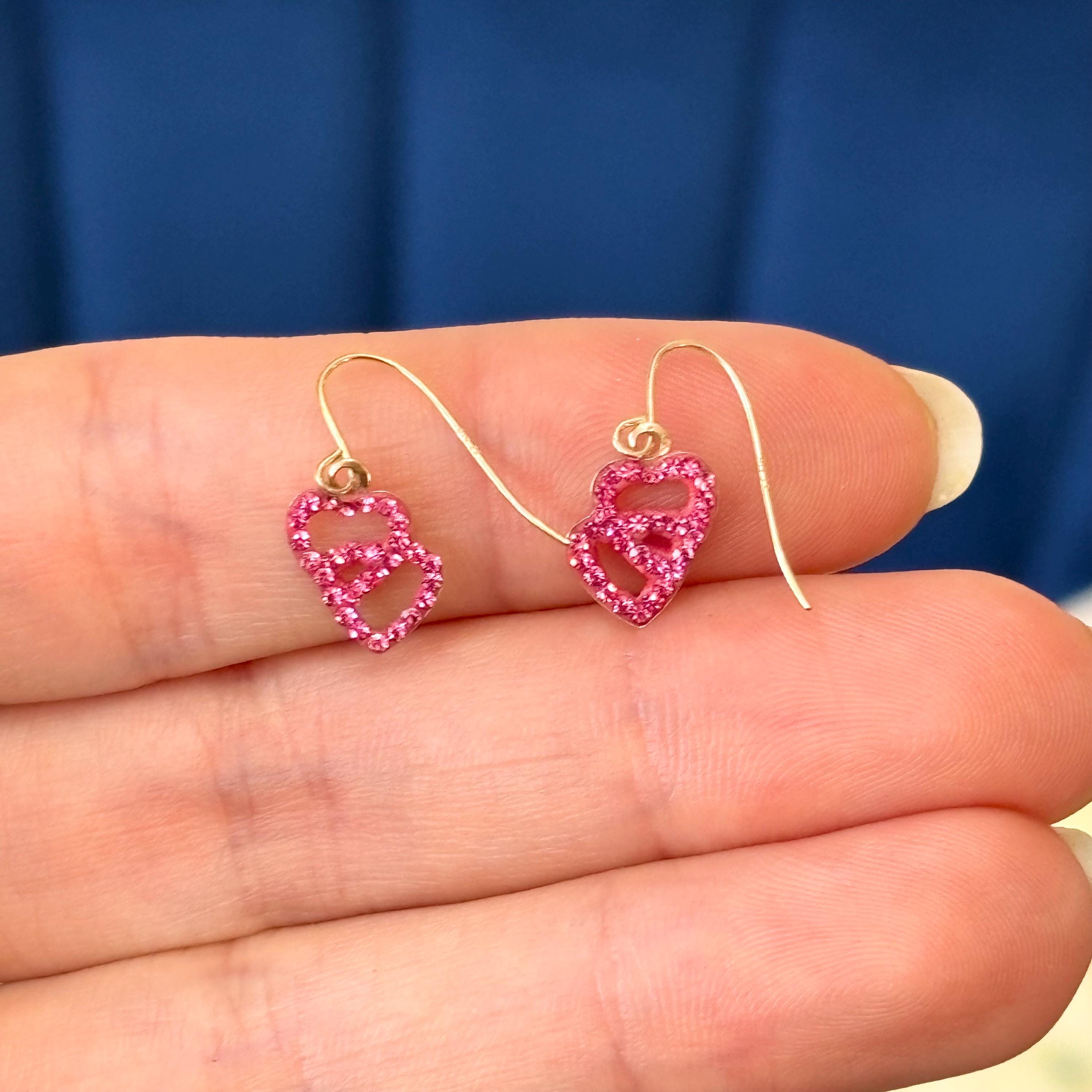 10k Gold Pink Double Heart with Pink Crystals Dangle Earrings